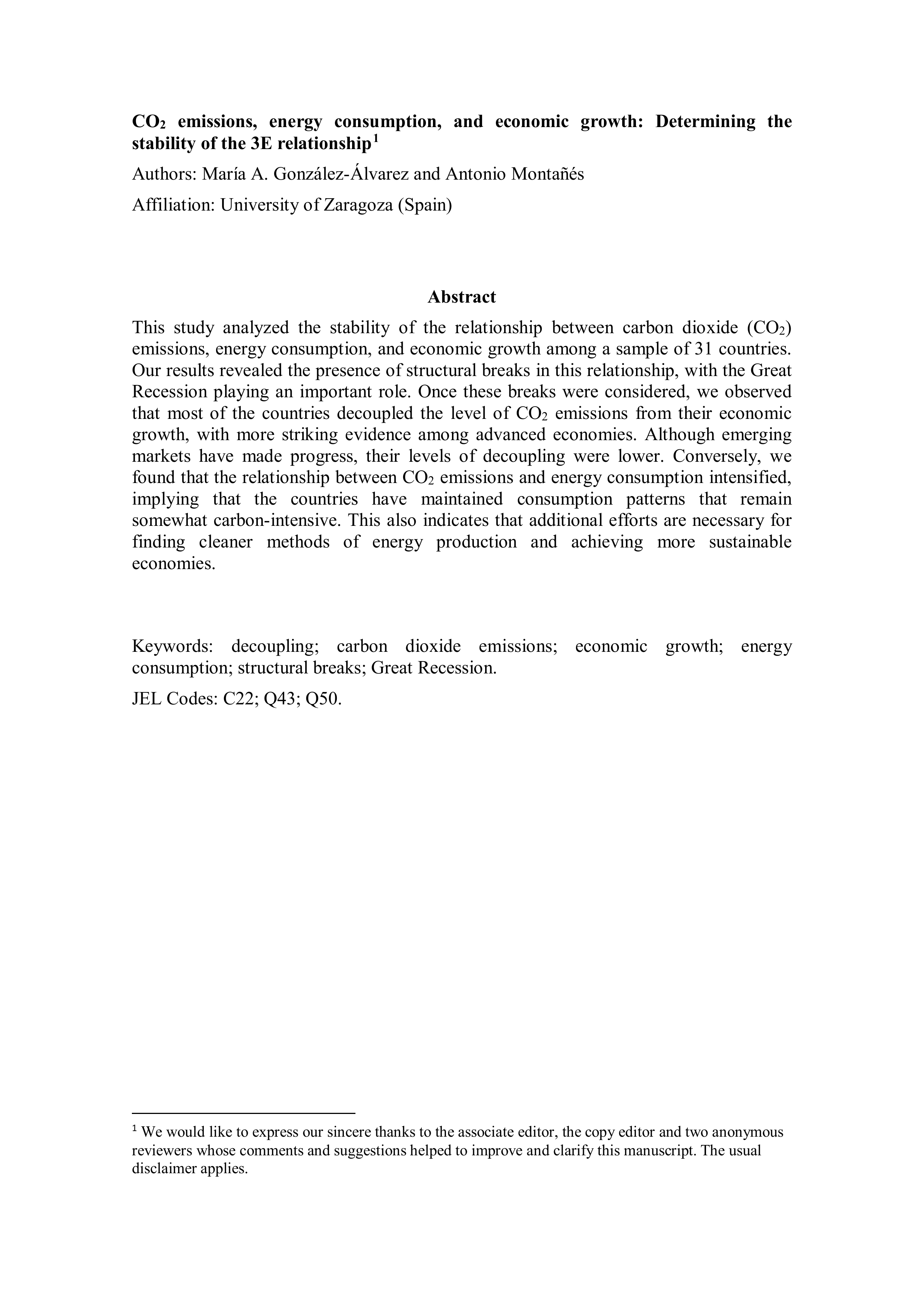 CO2 emissions, energy consumption, and economic growth: Determining the stability of the 3E relationship