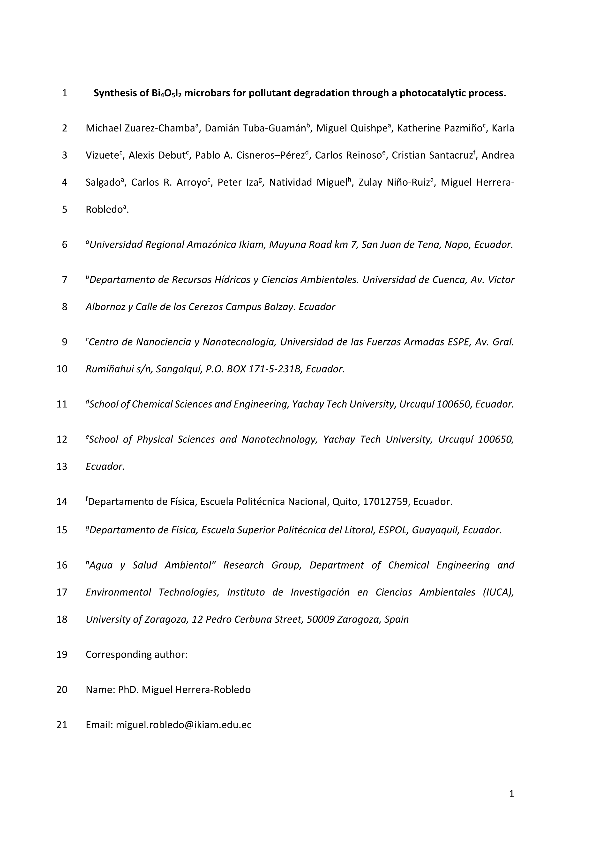 Synthesis of Bi4O5I2 microbars for pollutant degradation through a photocatalytic process