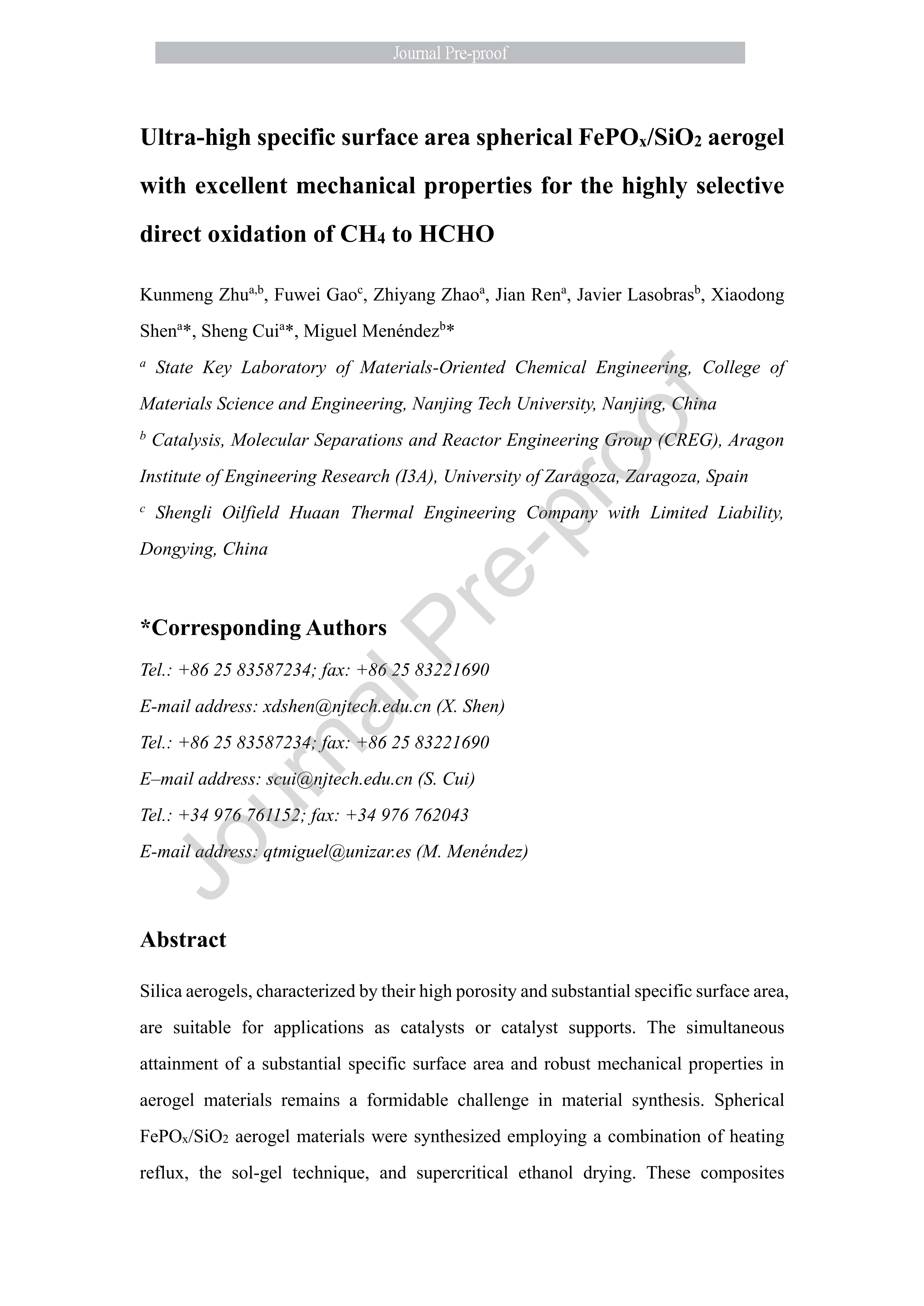 Ultra-high specific surface area spherical FePOx/SiO2 aerogel with excellent mechanical properties for the highly selective direct oxidation of CH4 to HCHO