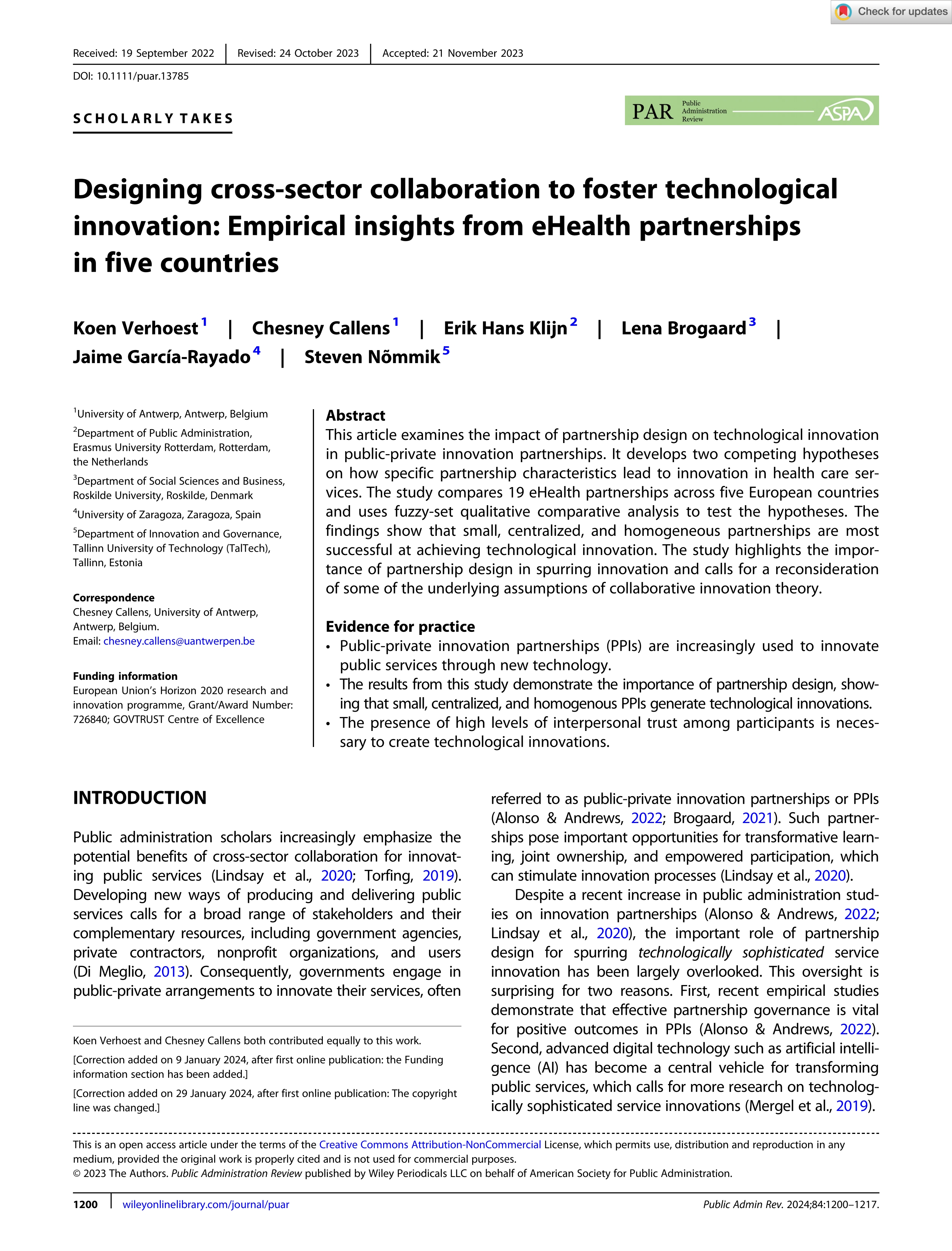 Designing cross-sector collaboration to foster technological innovation: Empirical insights from eHealth partnerships in five countries