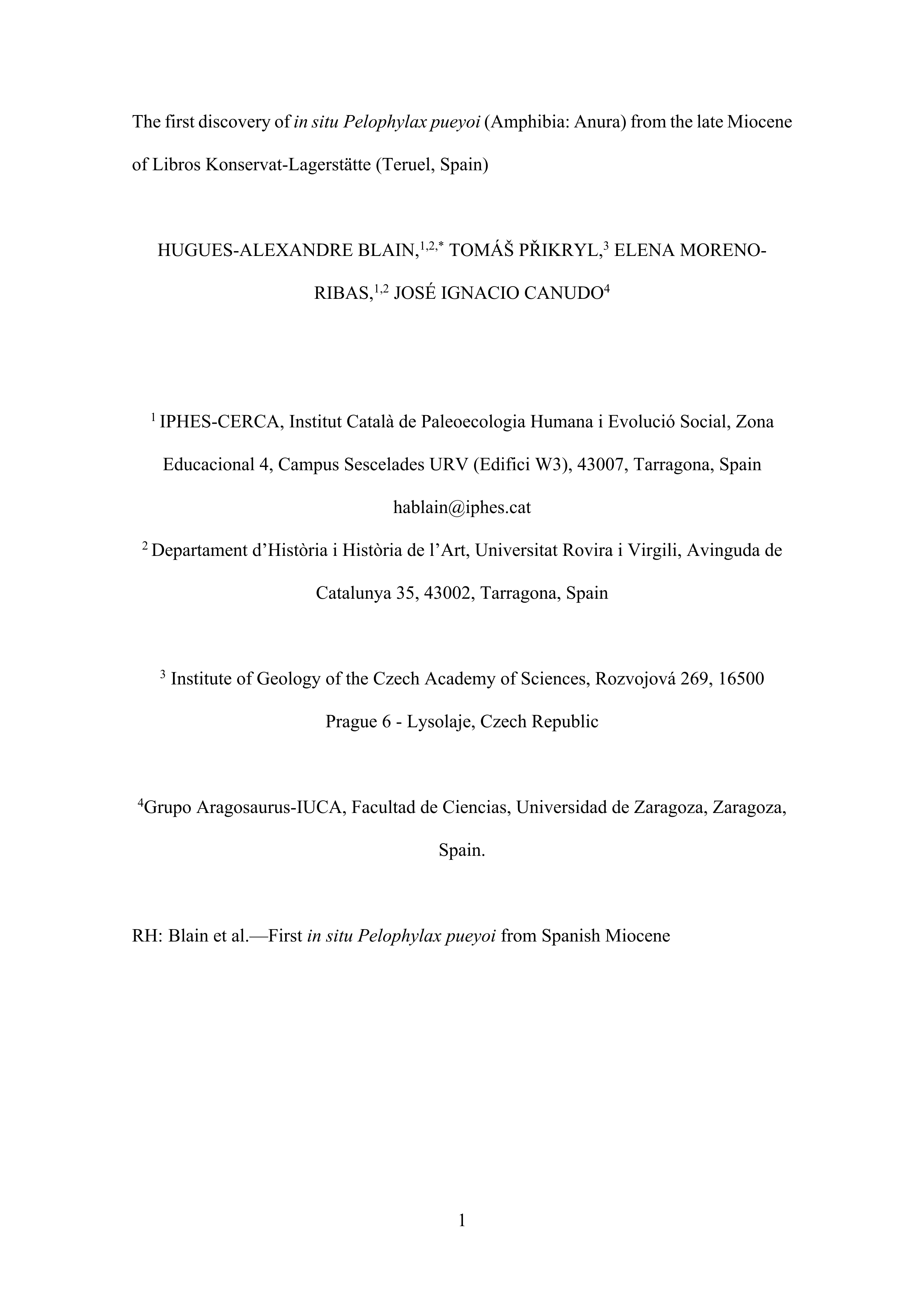 The first discovery of in situ<i>Pelophylax pueyoi</i>(Amphibia: Anura) from the Late Miocene of Libros Konservat-Lagerstätte (Teruel, Spain)