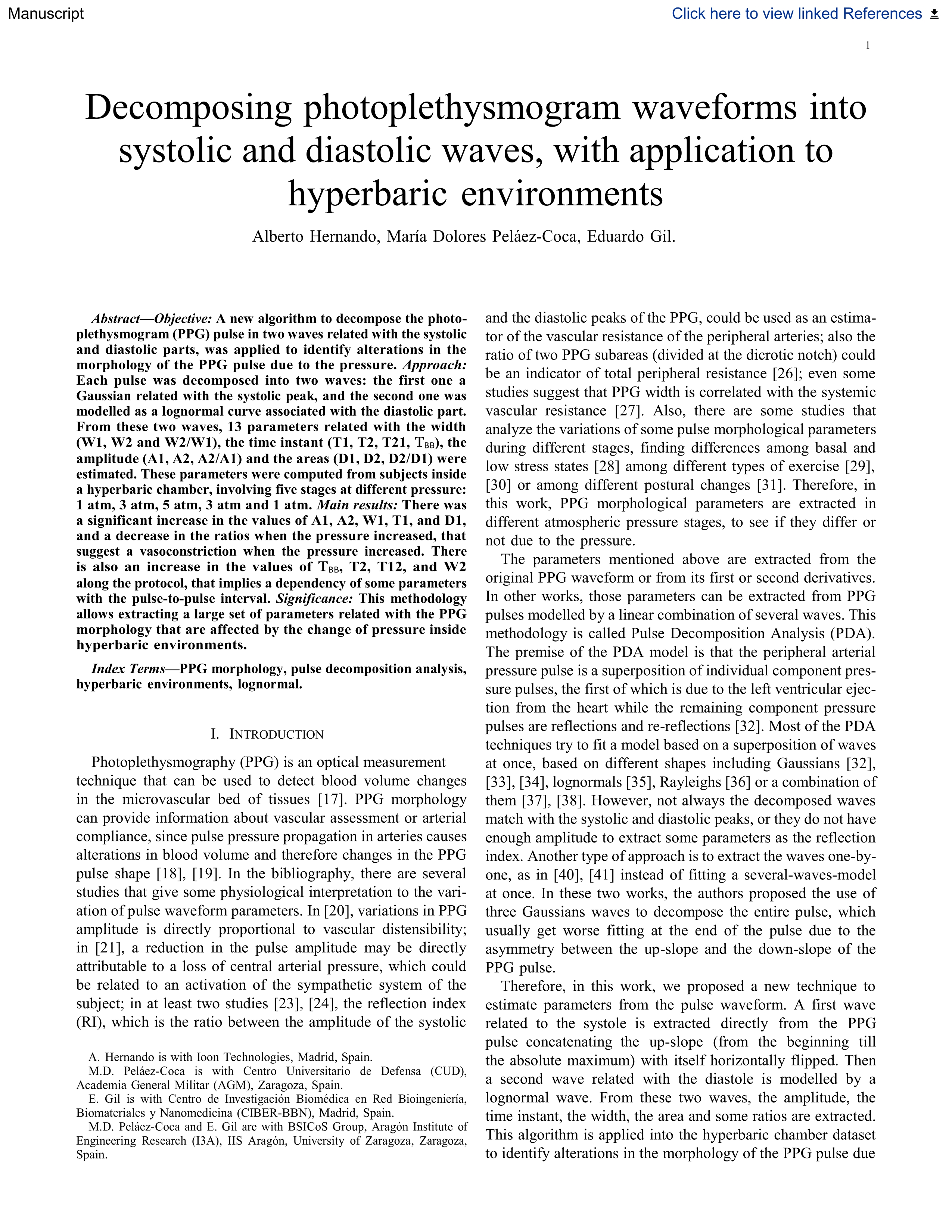 Decomposing photoplethysmogram waveforms into systolic and diastolic waves, with application to hyperbaric environments