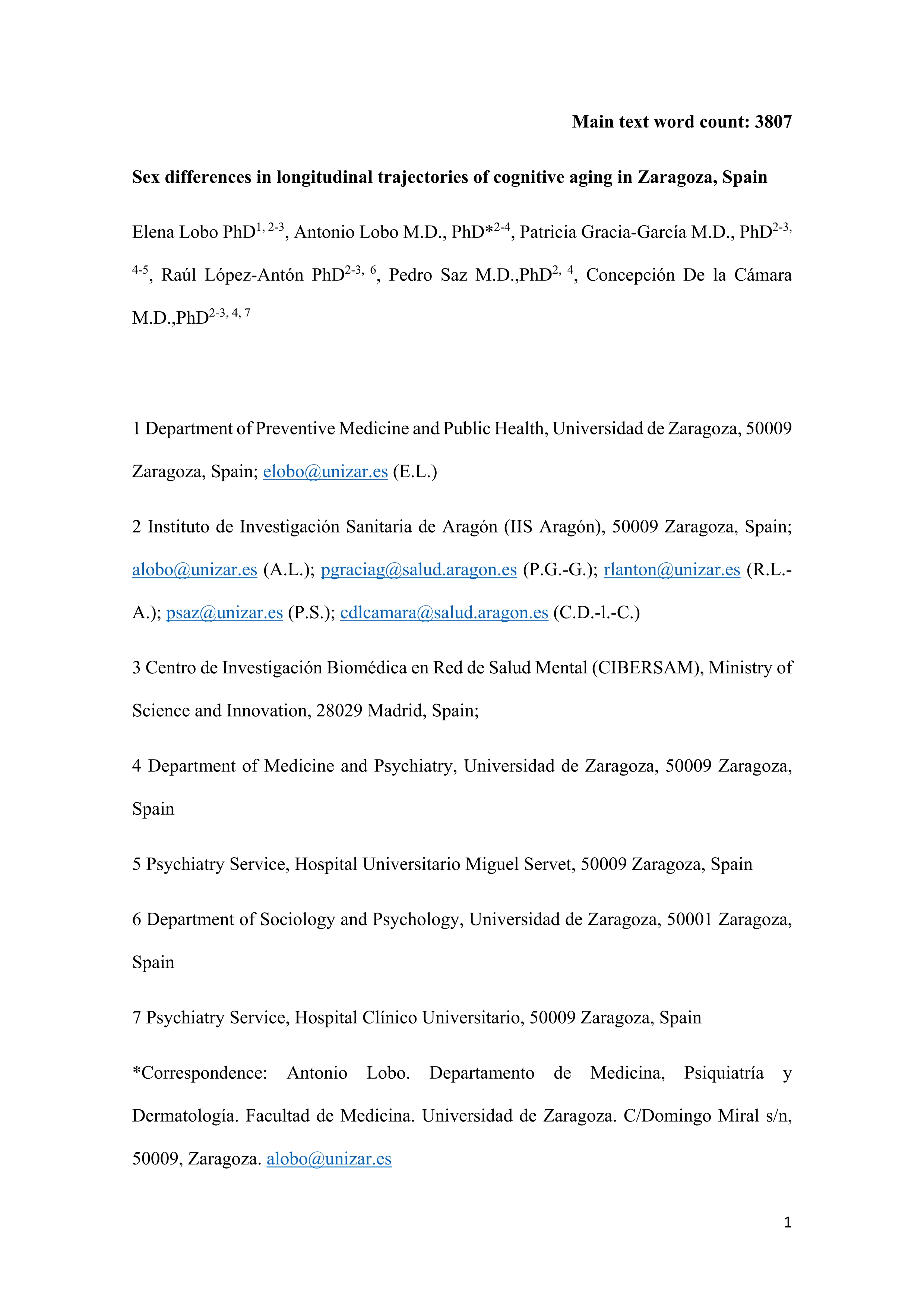 Sex Differences in Longitudinal Trajectories of Cognitive Aging in Zaragoza, Spain