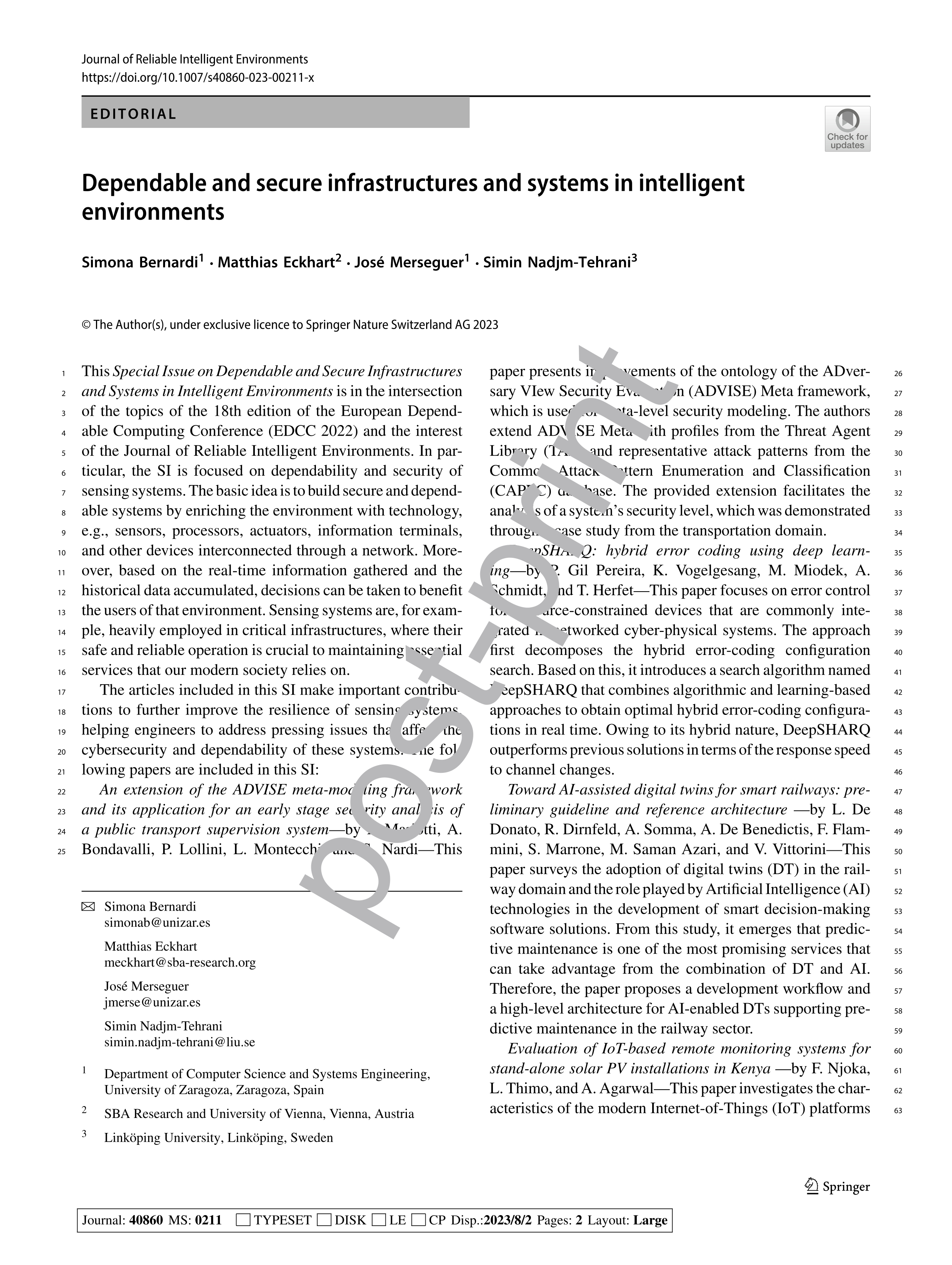 Dependable and secure infrastructures and systems in intelligent environments