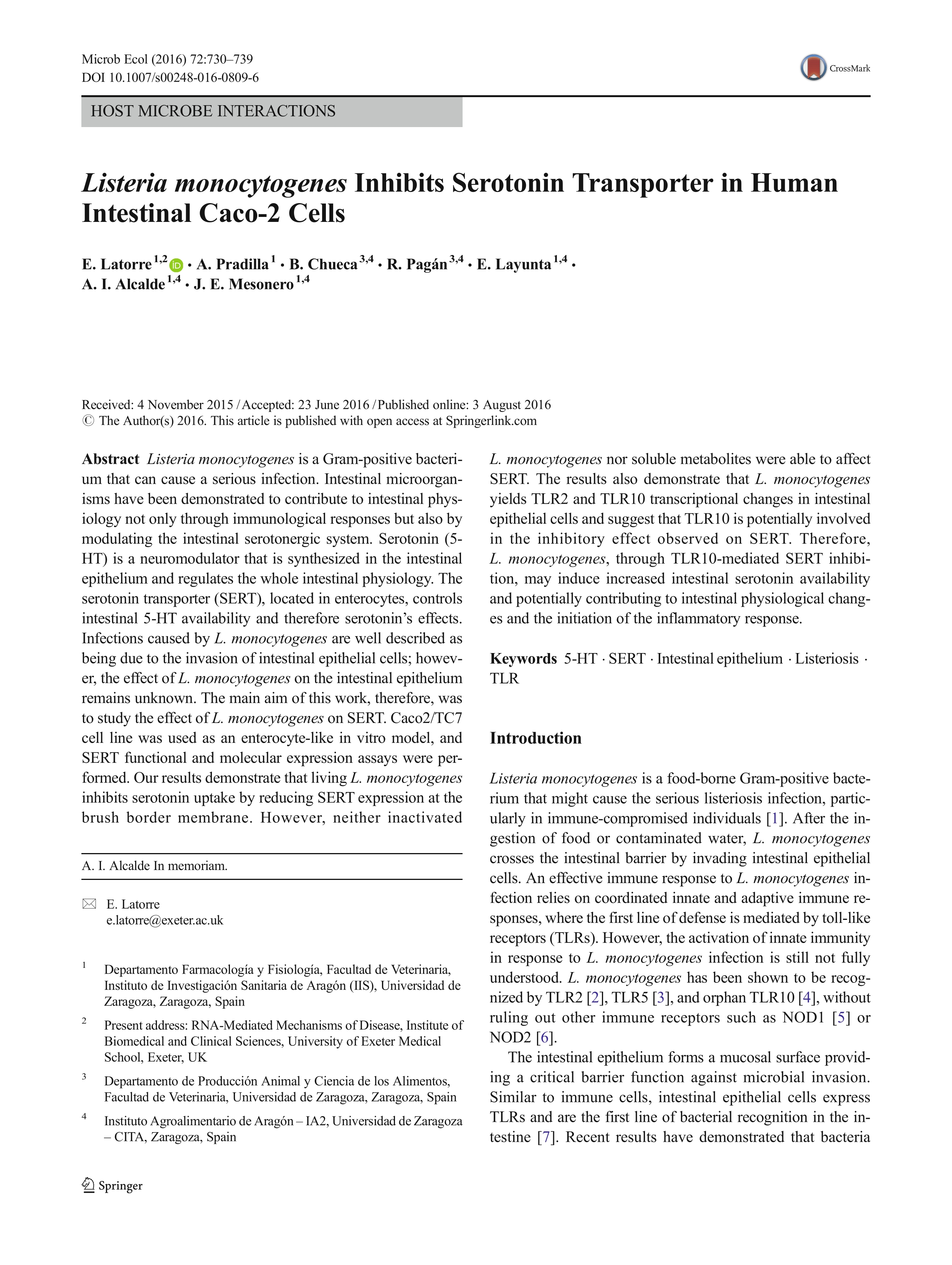 Listeria monocytogenes Inhibits Serotonin Transporter in Human Intestinal Caco-2 Cells