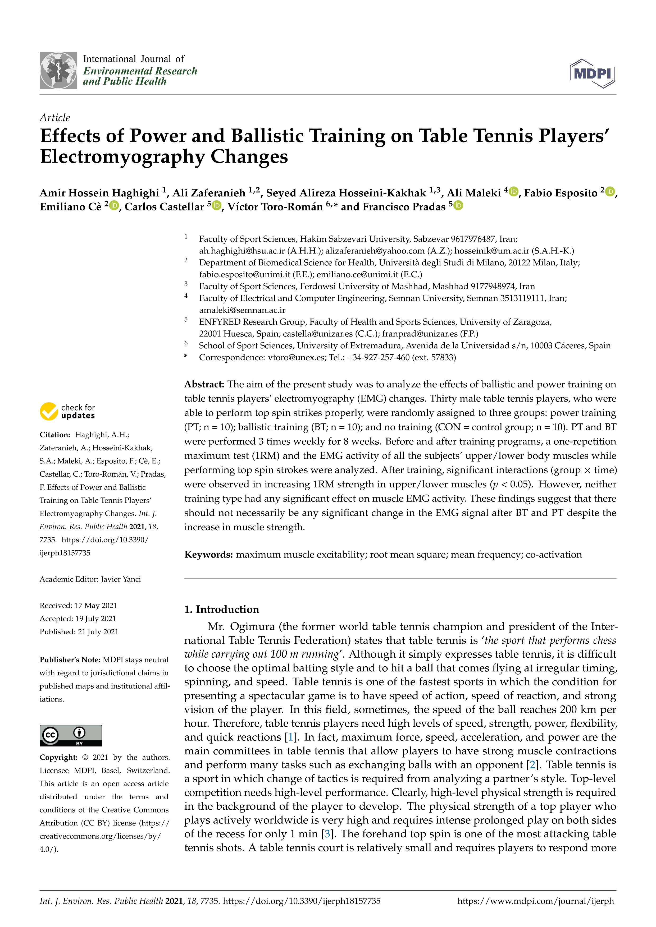 Effects of power and ballistic training on table tennis players’ electromyography changes