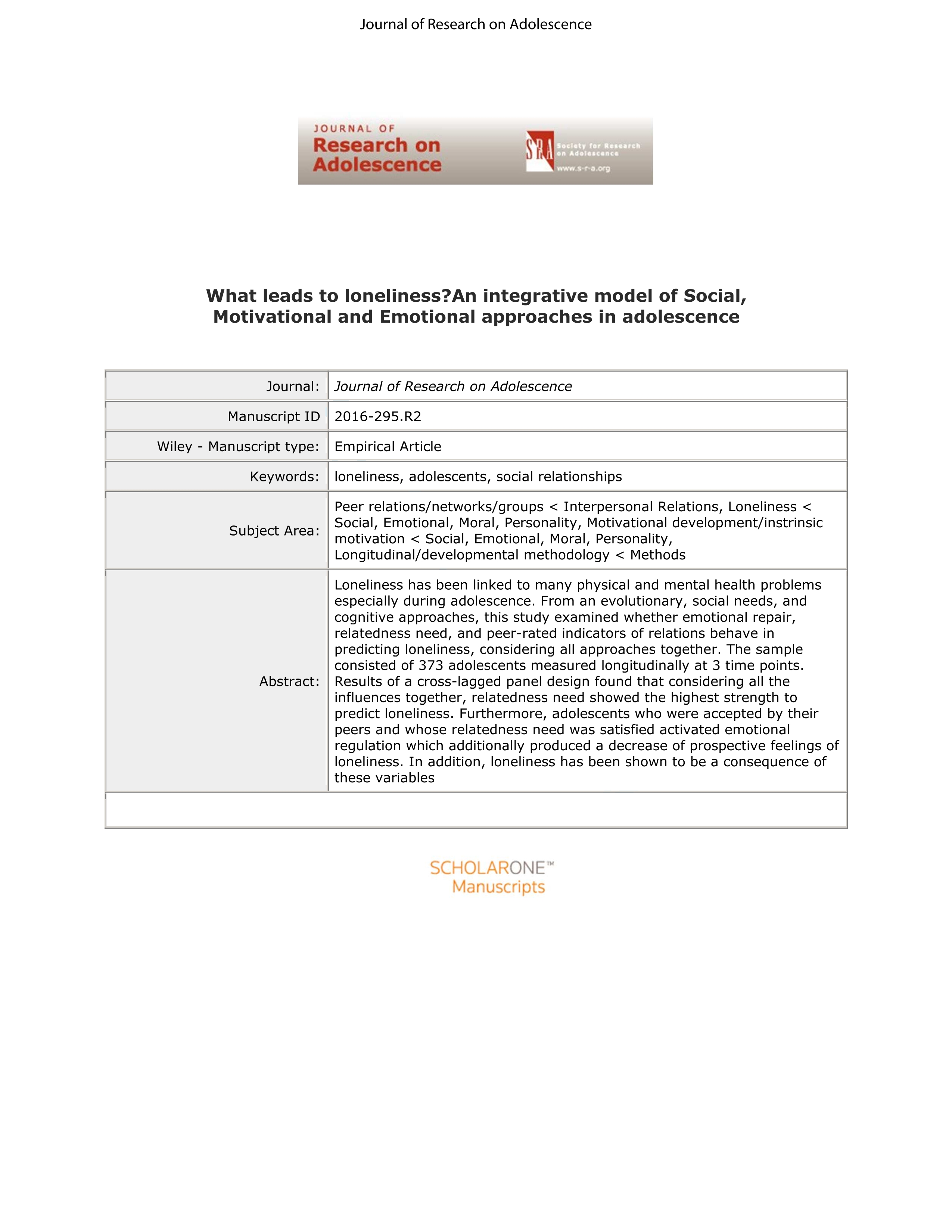 What leads to loneliness?An integrative model of Social, Motivational and Emotional approaches in adolescence