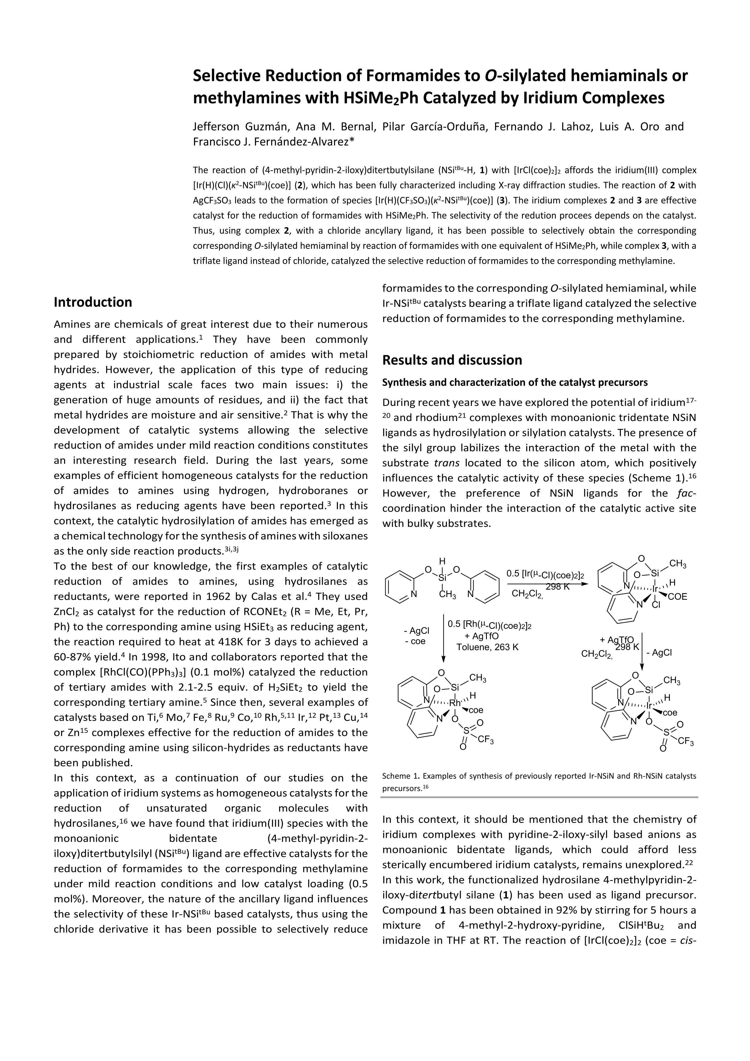 Selective reduction of formamides to O-silylated hemiaminals or methylamines with HSiMe2Ph catalyzed by iridium complexes