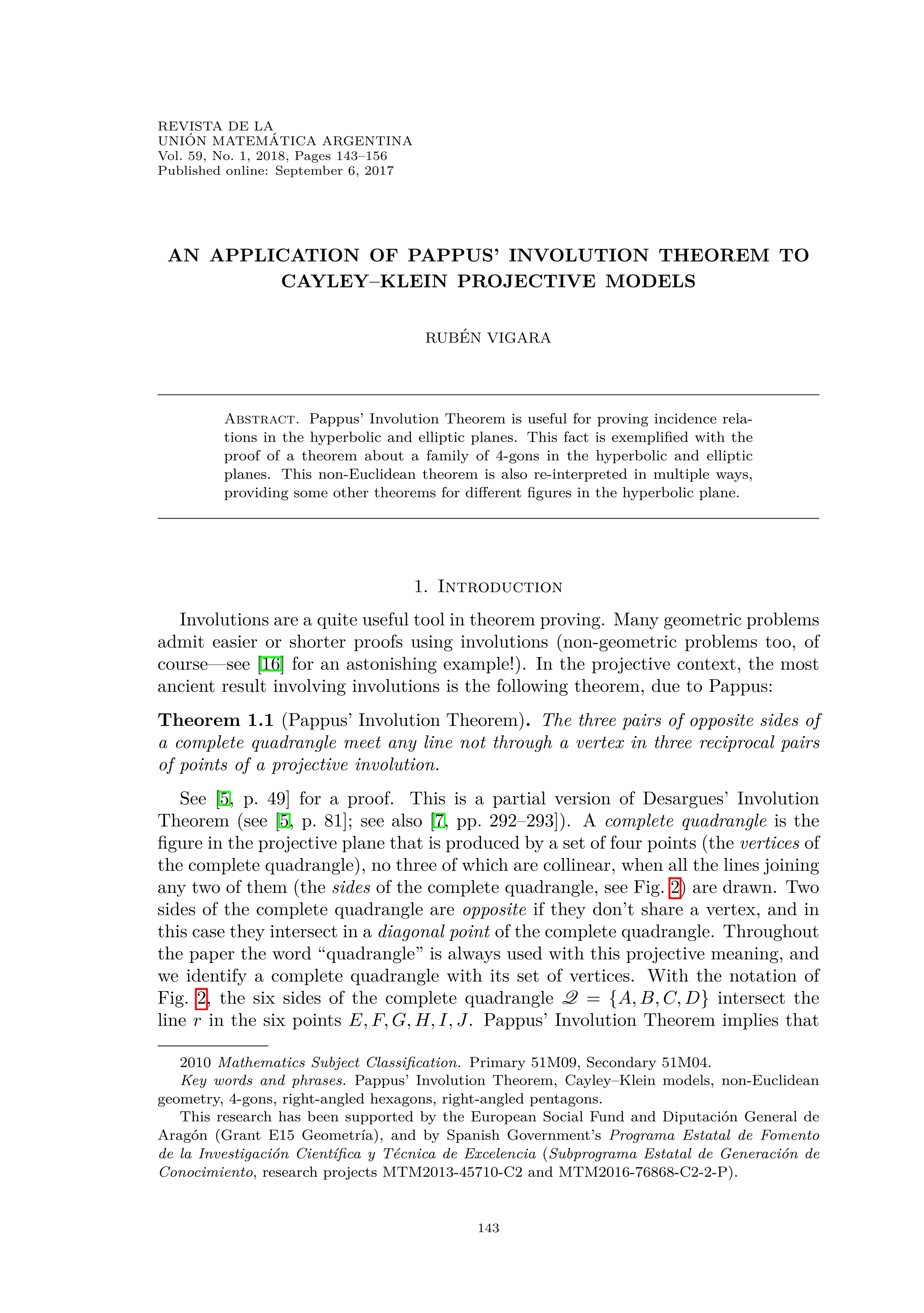An application of Pappus'' Involution Theorem to Cayley–Klein projective models