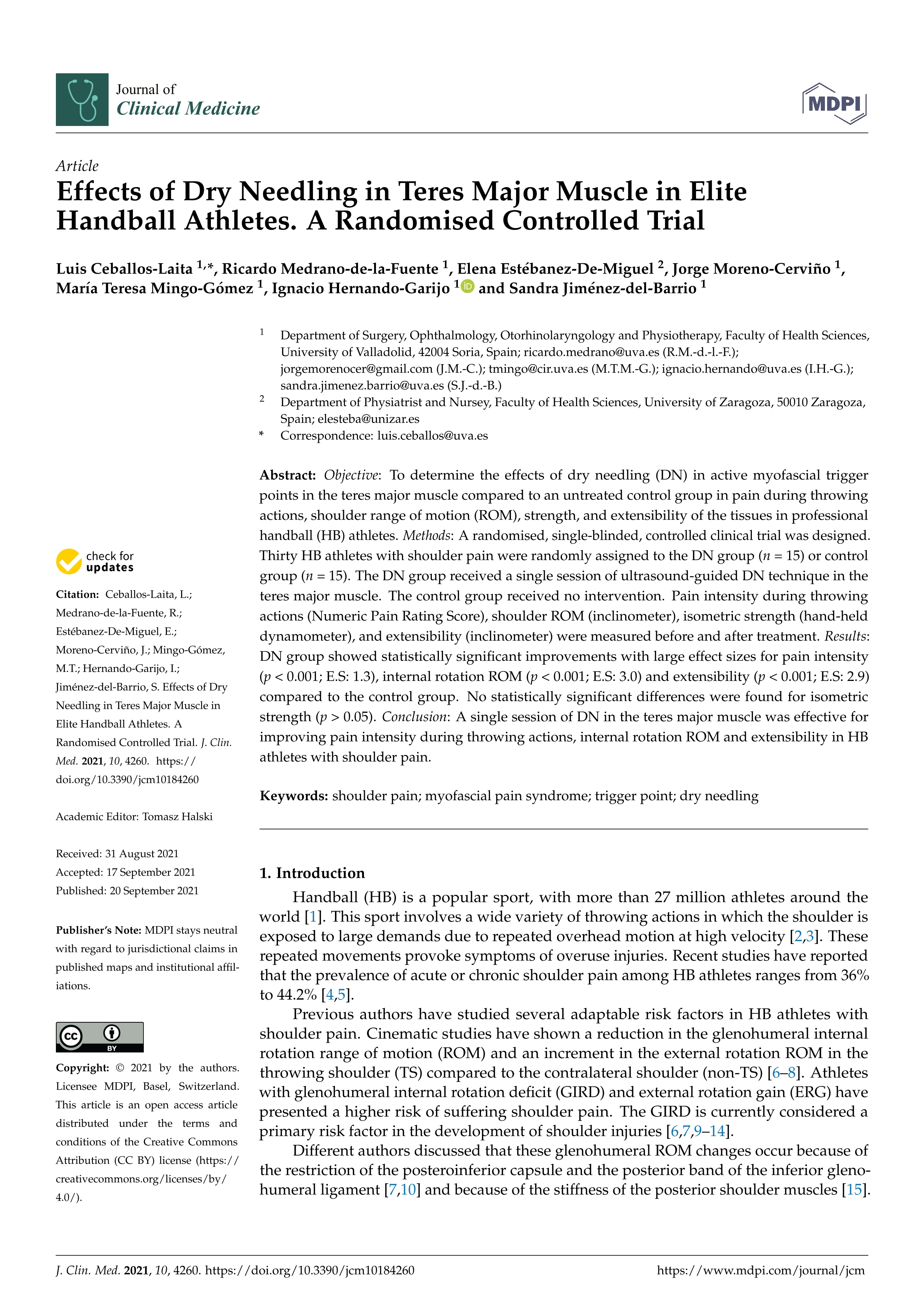 Effects of dry needling in teres major muscle in elite handball athletes. A randomised controlled trial