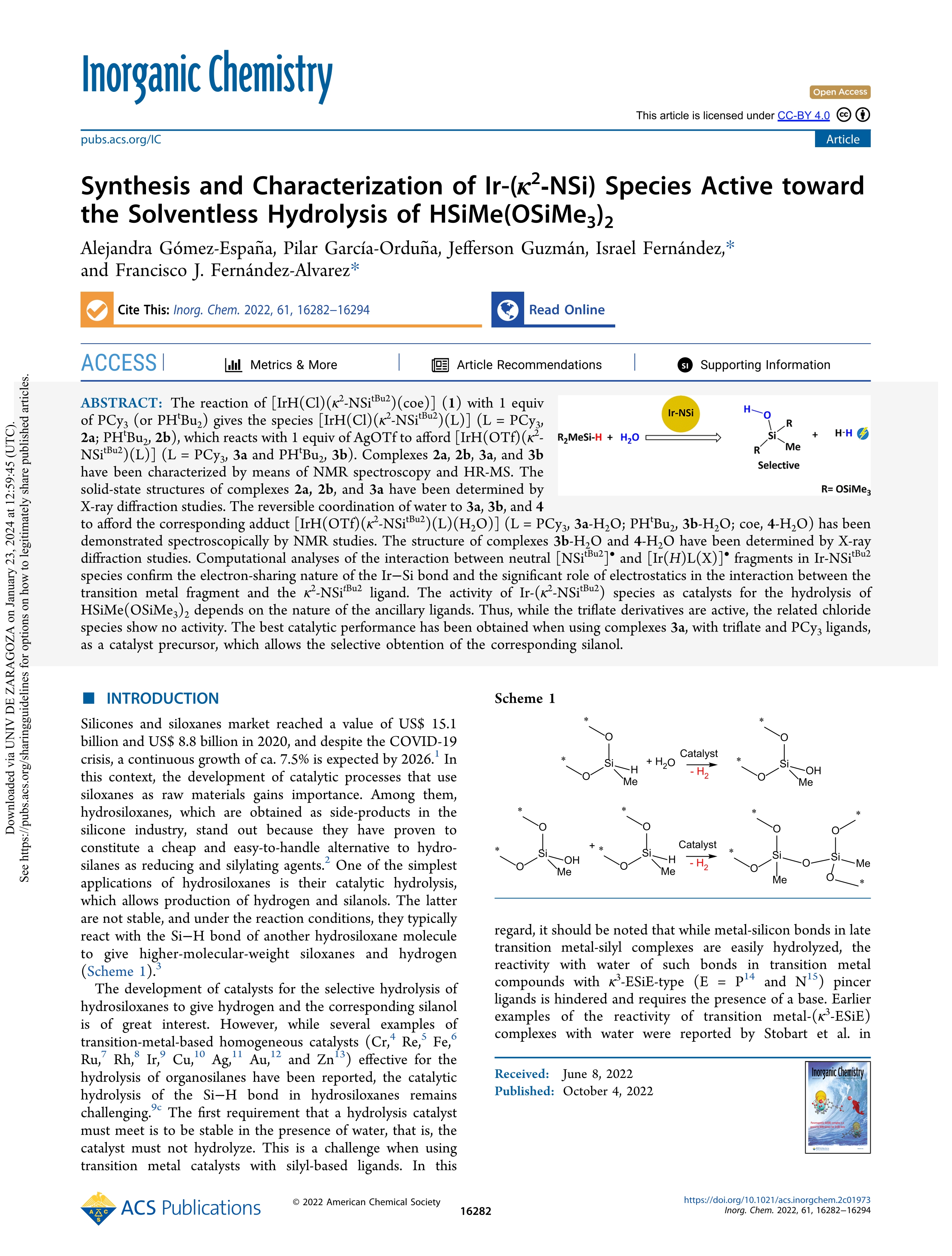 Synthesis and characterization of Ir-(k2-NSi) Species Active toward the solventless hydrolysis of HSiMe(OSiMe3)2
