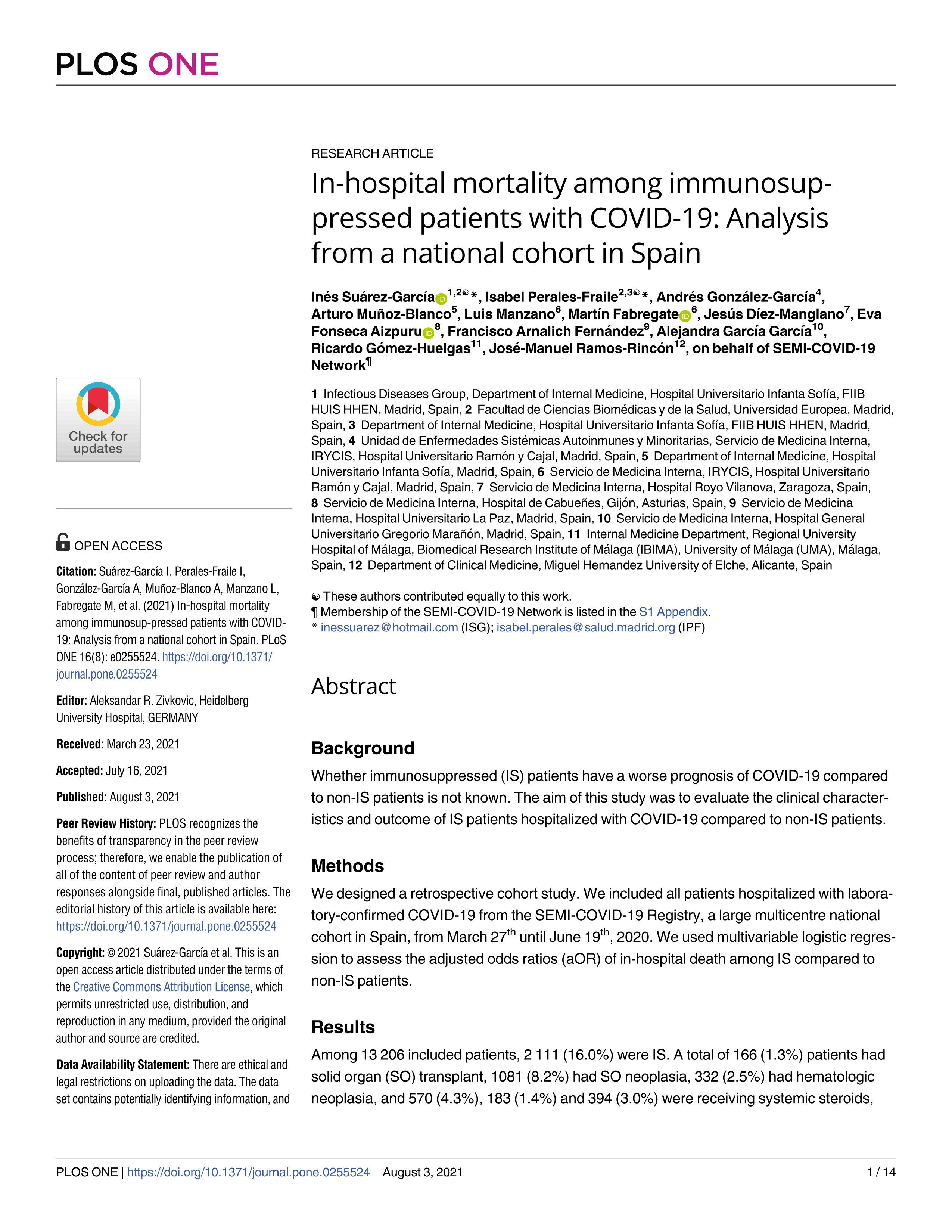 In-hospital mortality among immunosuppressed patients with COVID-19: Analysis from a national cohort in Spain