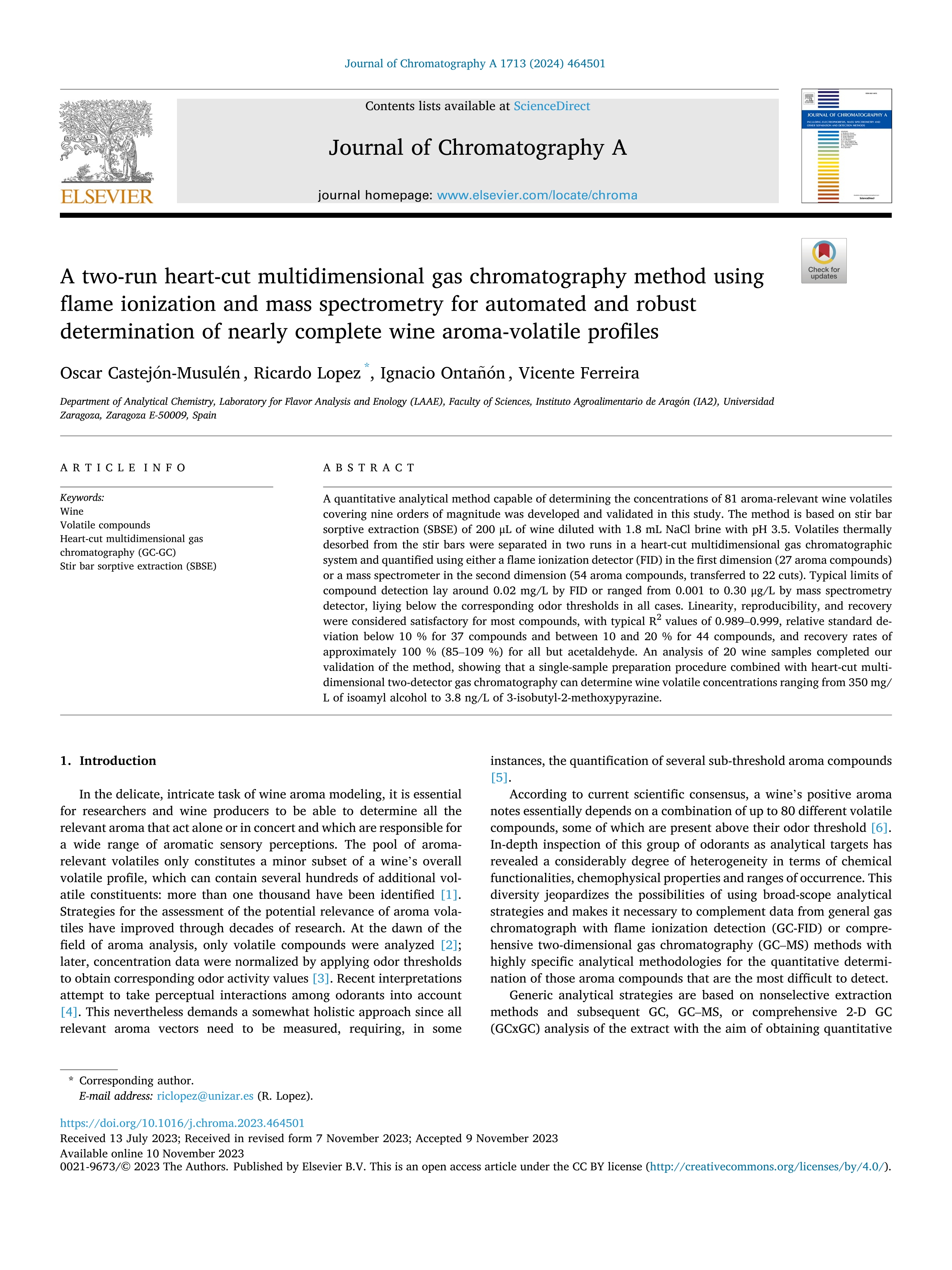 A two-run heart-cut multidimensional gas chromatography method using flame ionization and mass spectrometry for automated and robust determination of nearly complete wine aroma-volatile profiles