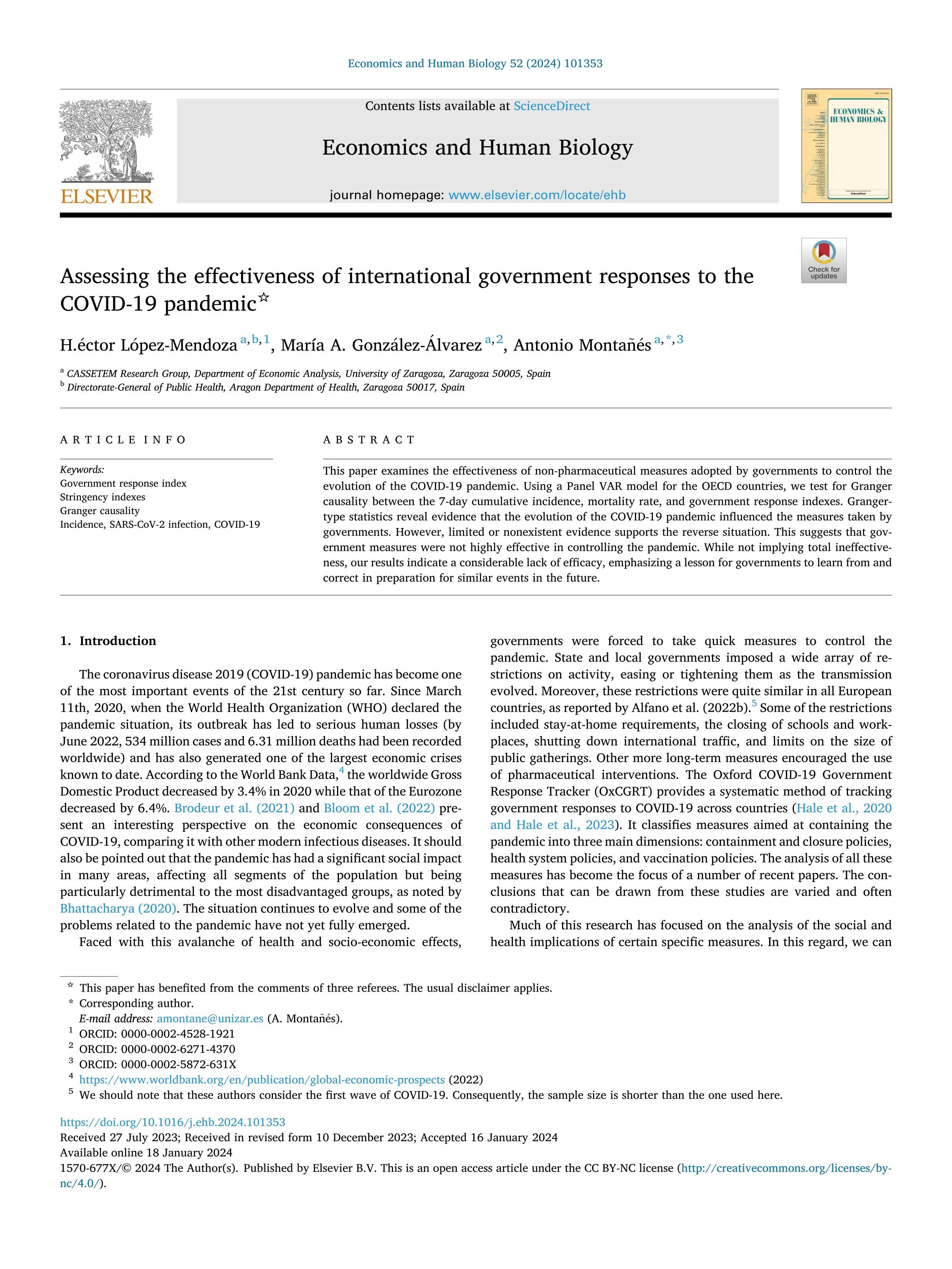 Assessing the effectiveness of international government responses to the COVID-19 pandemic