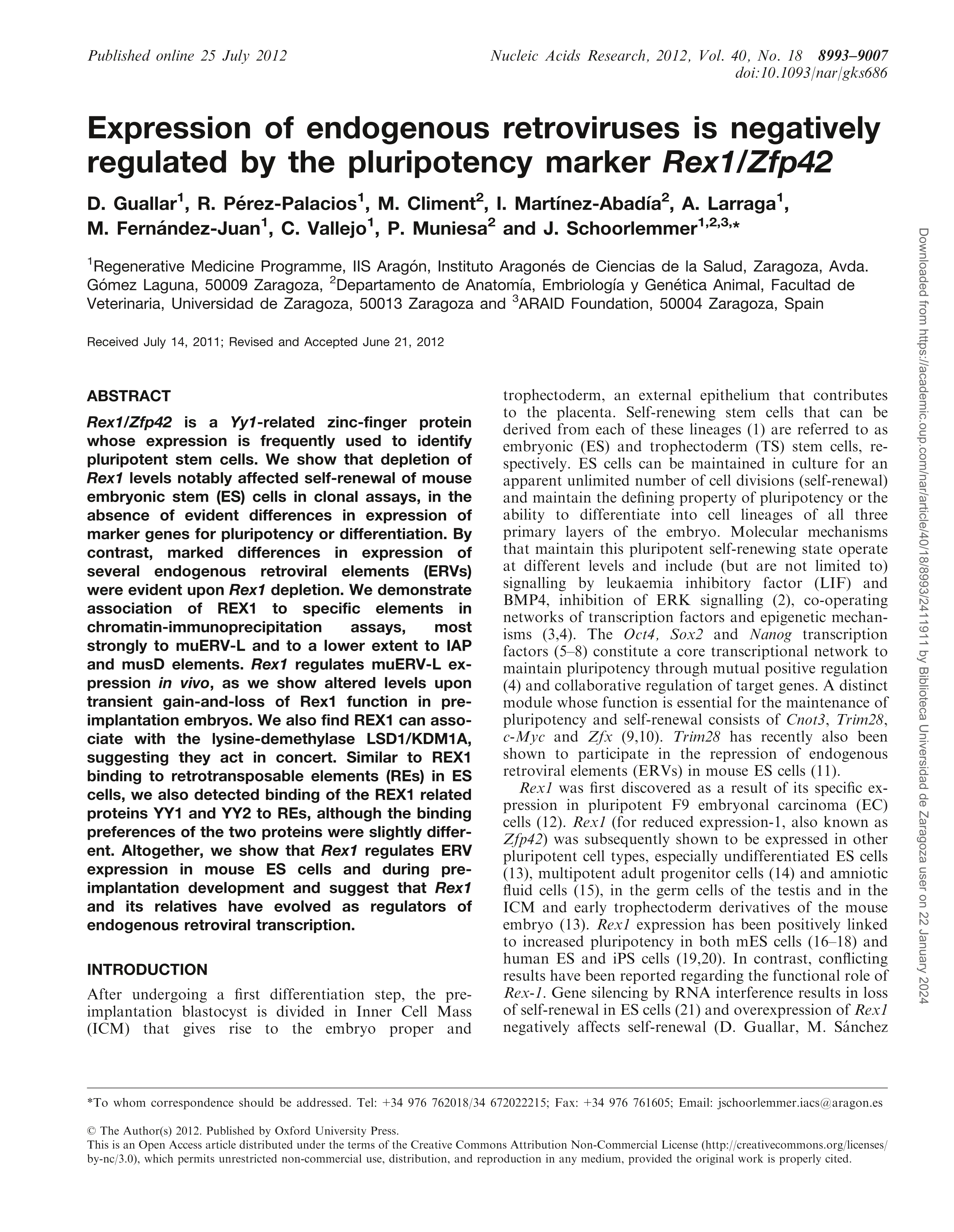 Expression of endogenous retroviruses is negatively regulated by the pluripotency marker Rex1/Zfp42