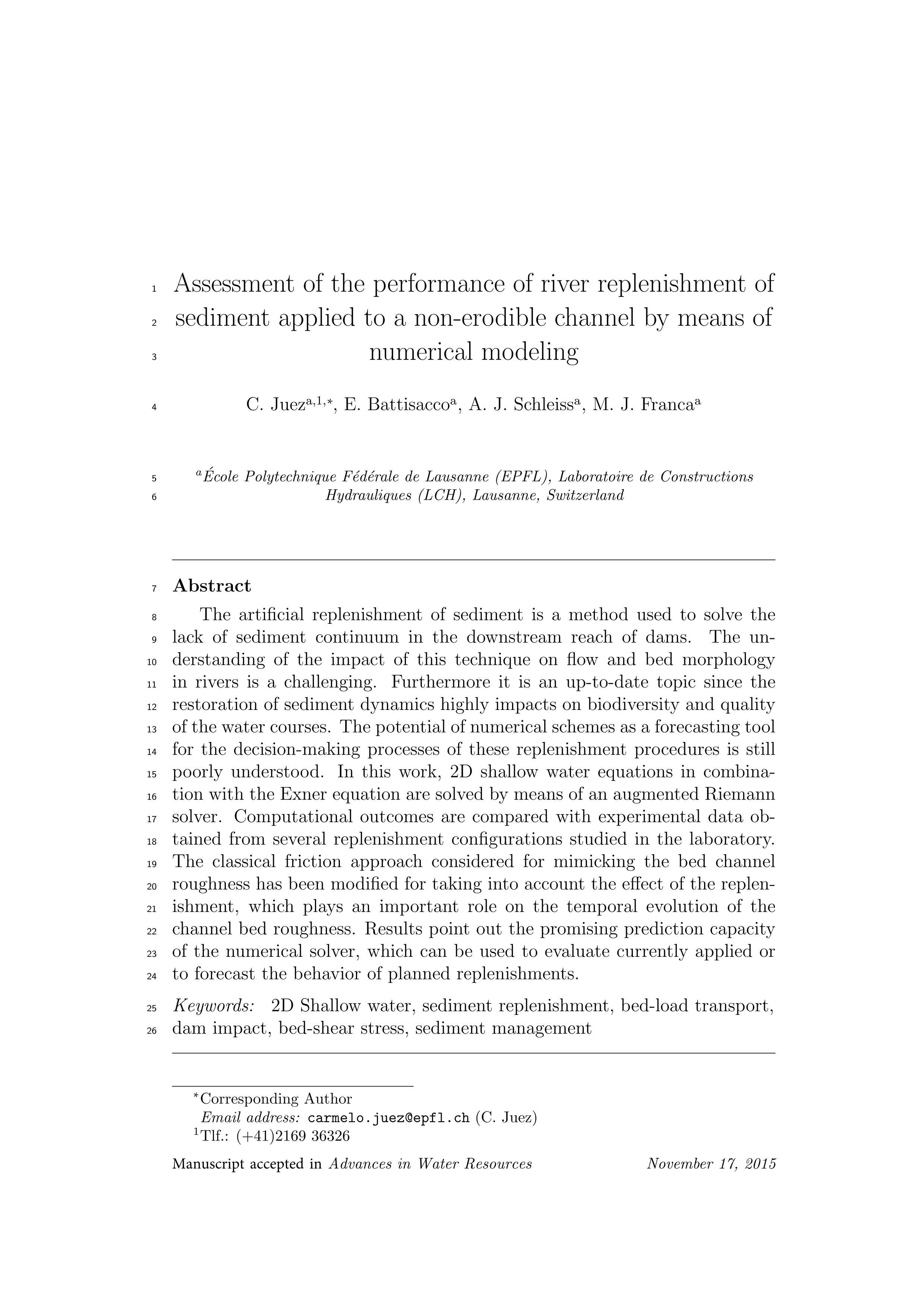 Assessment of the performance of numerical modeling in reproducing a replenishment of sediments in a water-worked channel