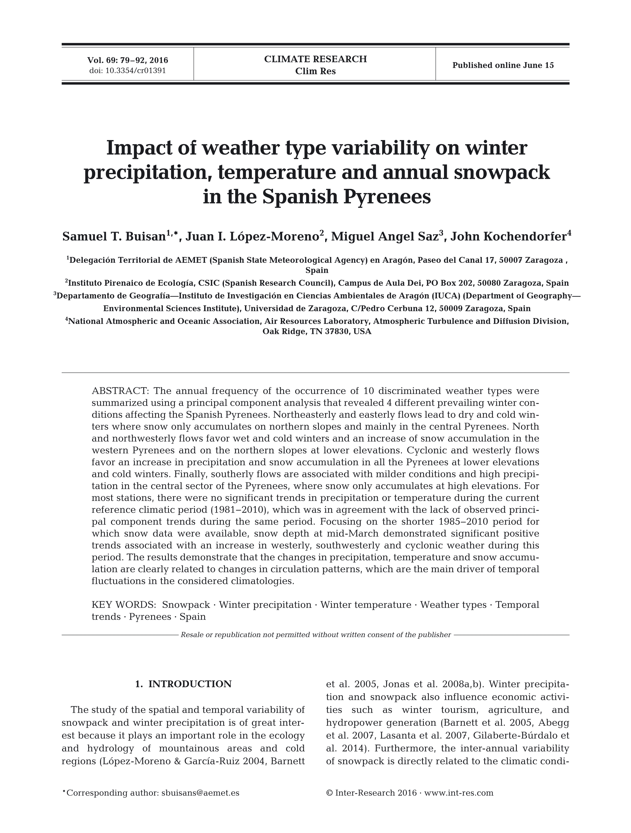 Impact of weather type variability on winter precipitation, temperature and annual snowpack in the Spanish Pyrenees