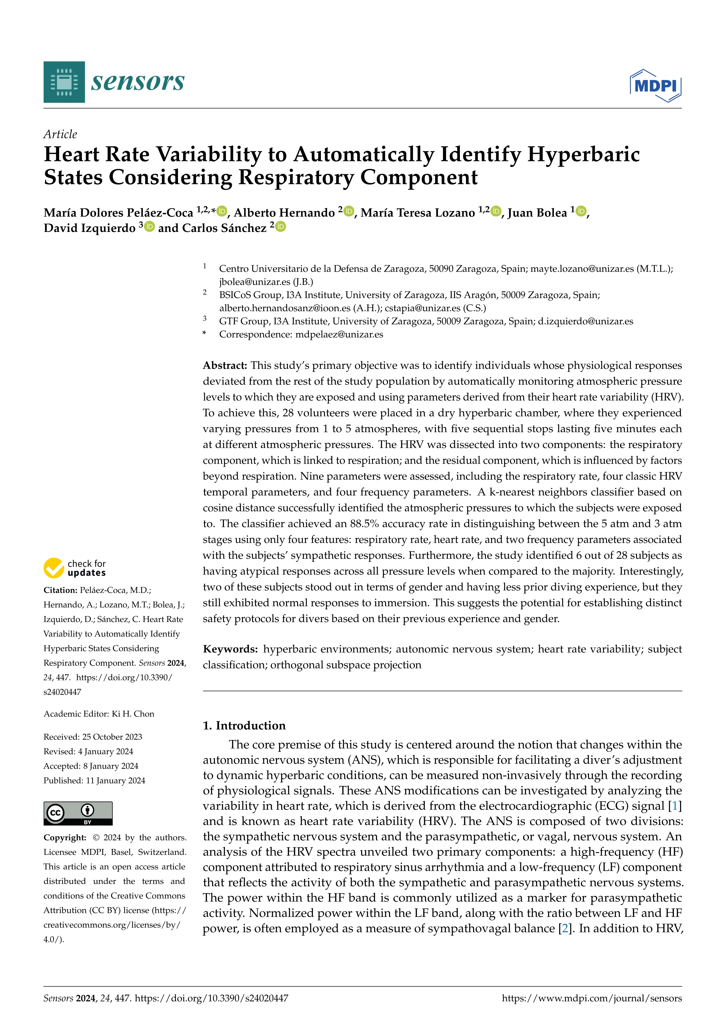 Heart Rate Variability to Automatically Identify Hyperbaric States Considering Respiratory Component