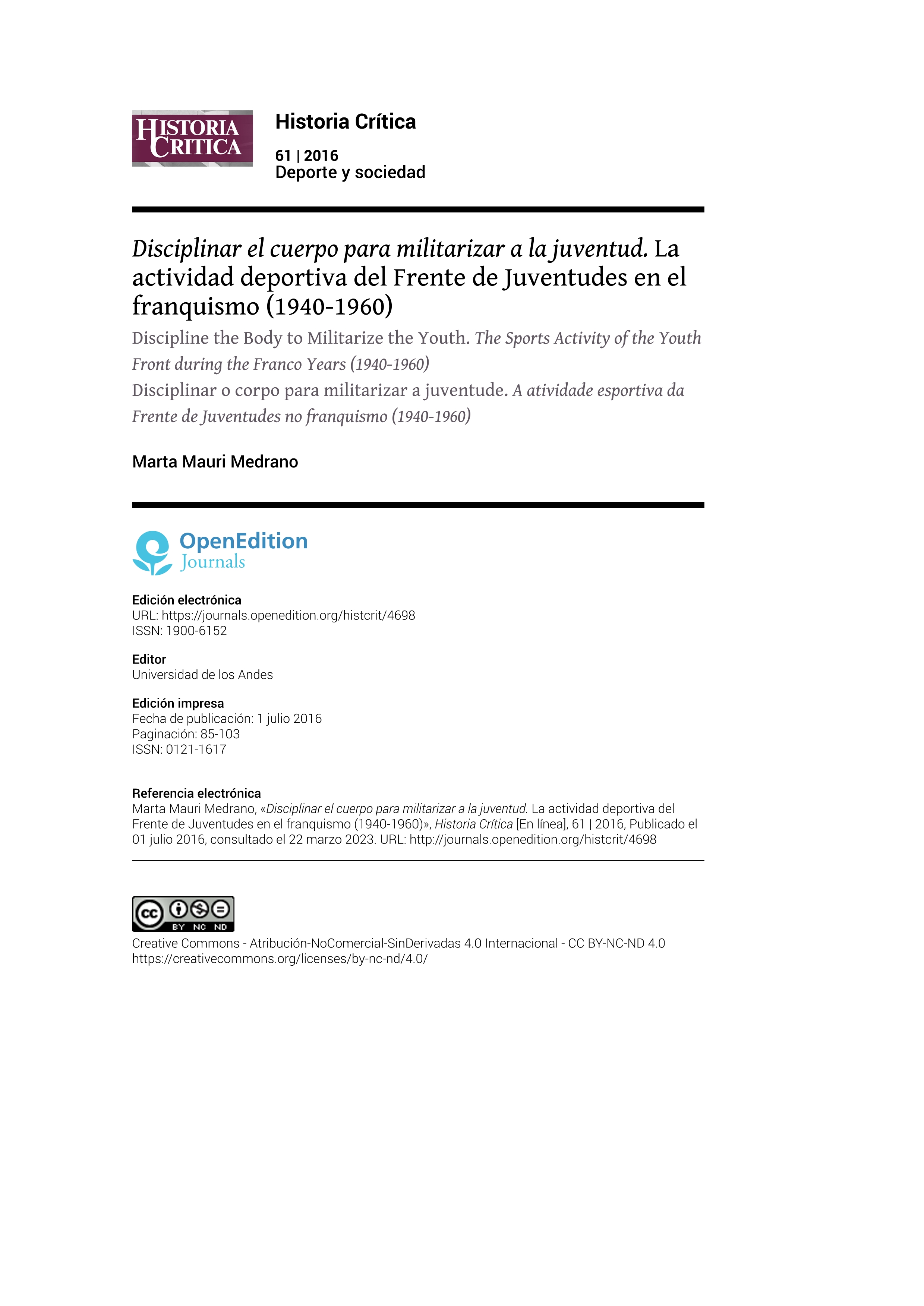 Disciplinar el cuerpo para militarizar a la juventud. La actividad deportiva del Frente de Juventudes en el franquismo (1940-1960)