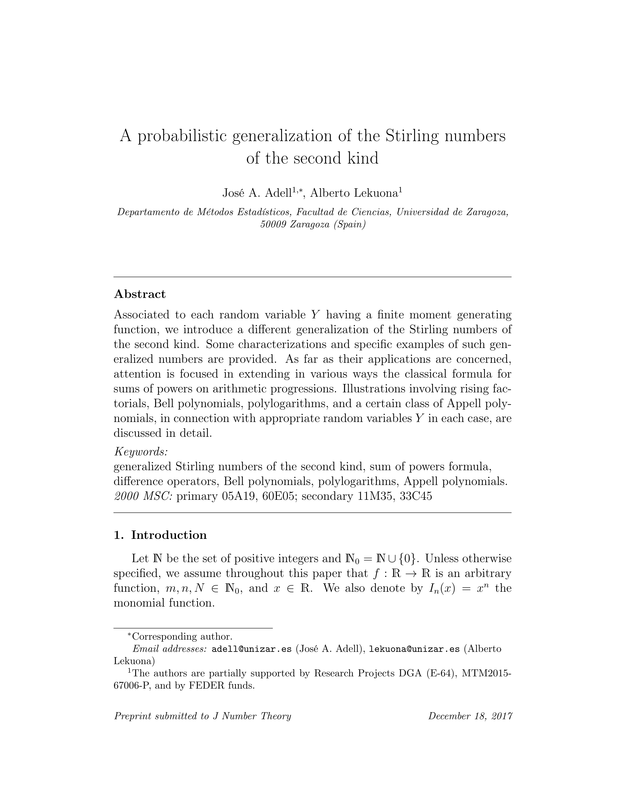 A probabilistic generalization of the Stirling numbers of the second kind