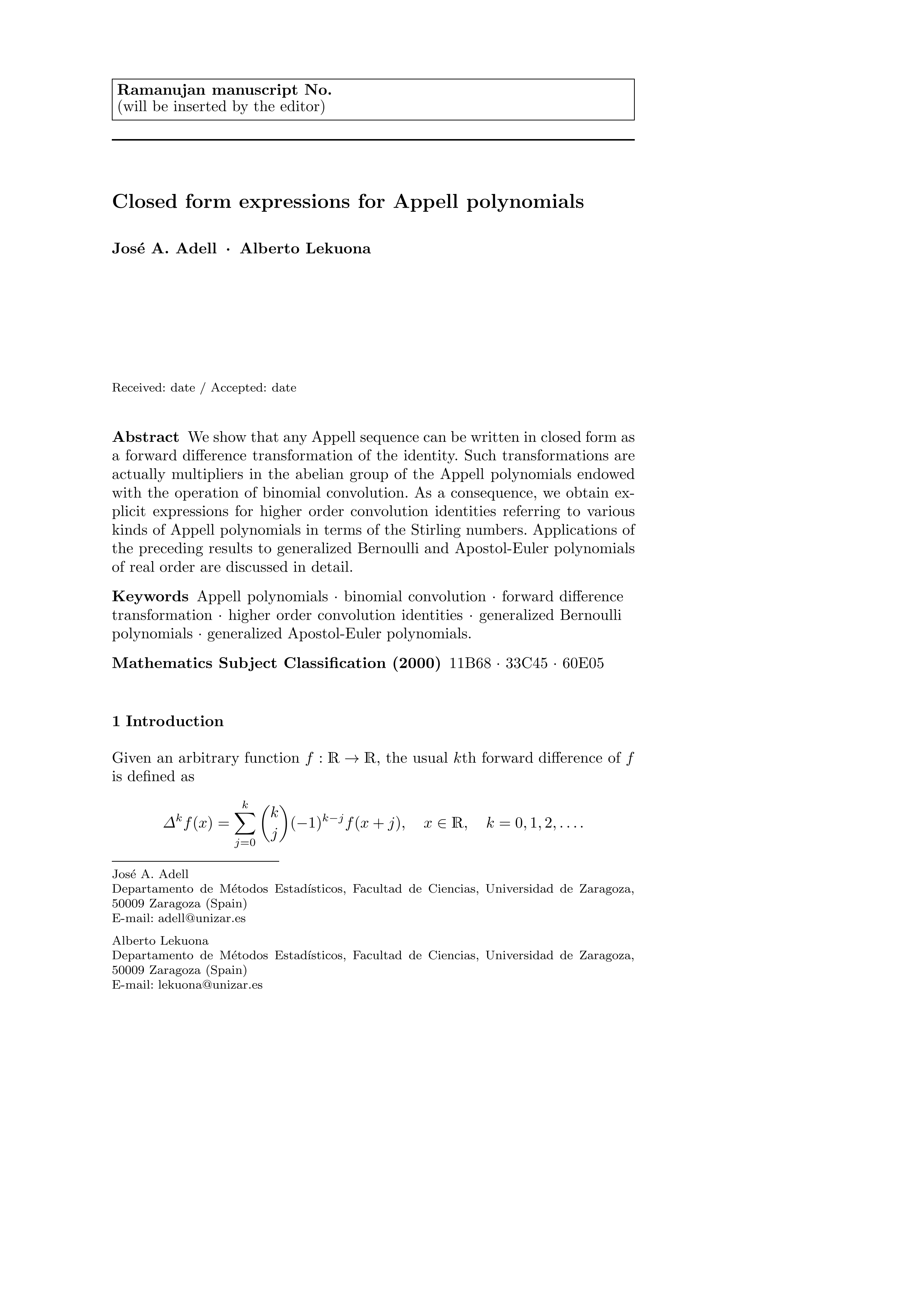 Closed form expressions for Appell polynomials