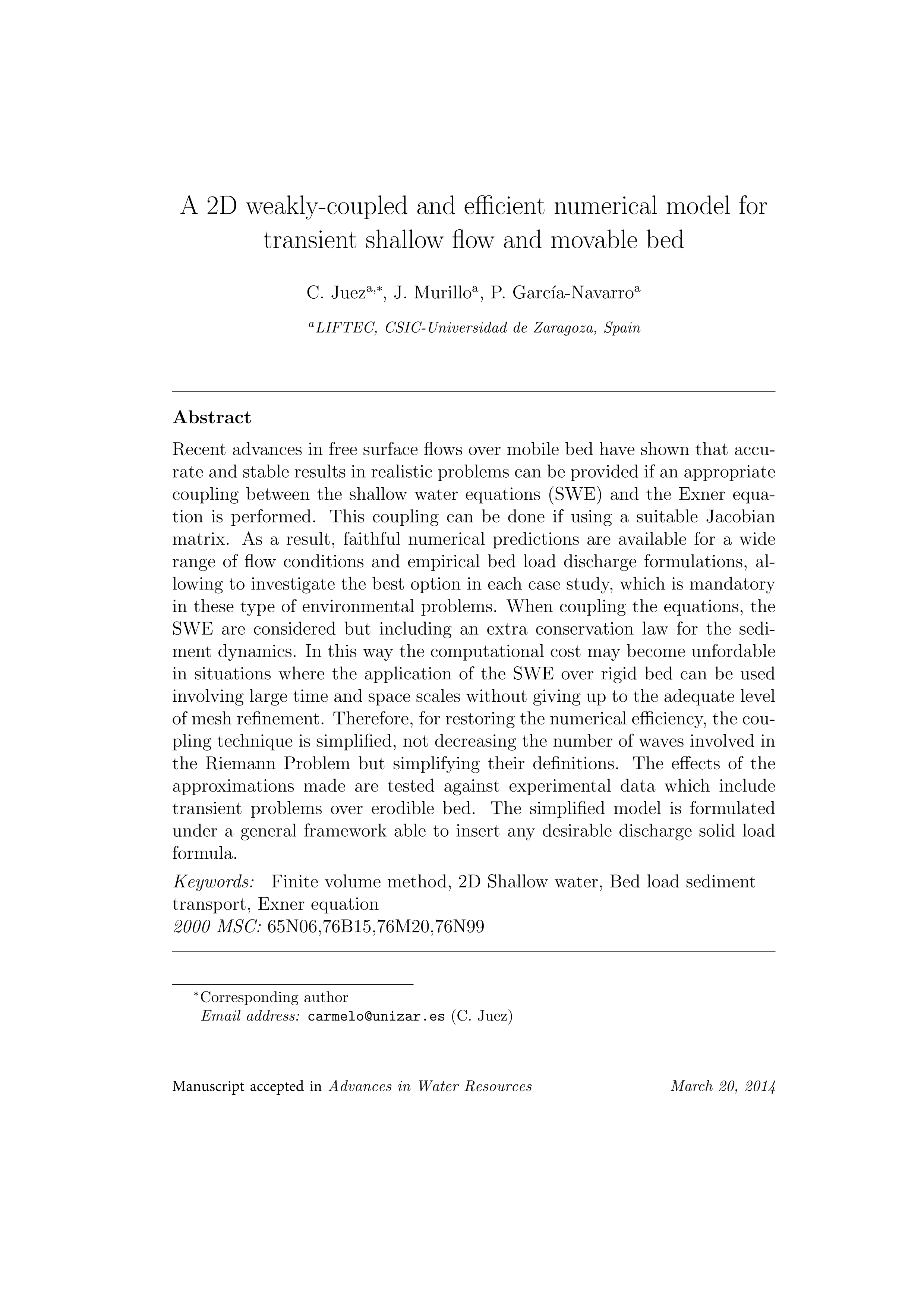 A 2D weakly-coupled and efficient numerical model for transient shallow flow and movable bed