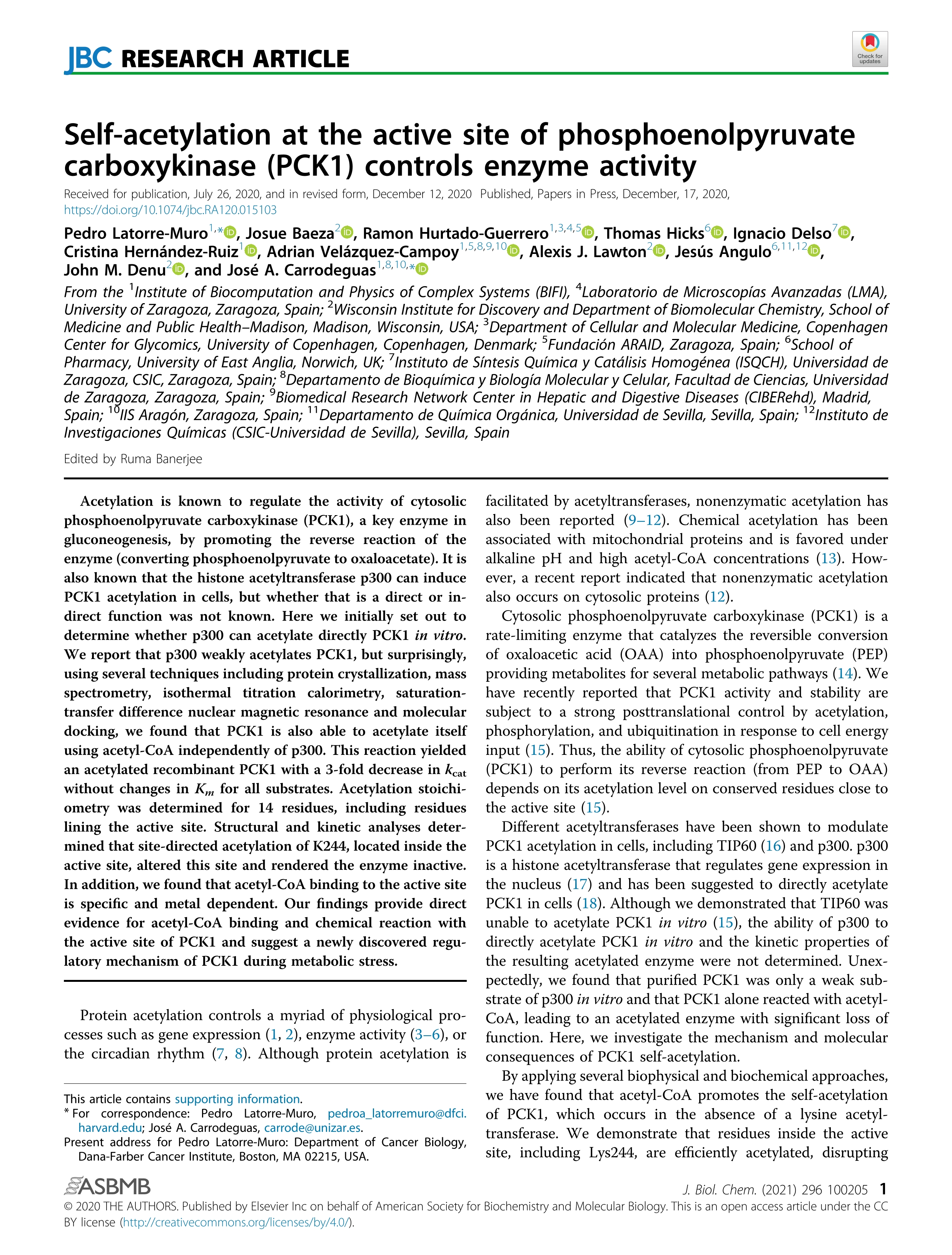 Self-acetylation at the active site of phosphoenolpyruvate carboxykinase (PCK1) controls enzyme activity