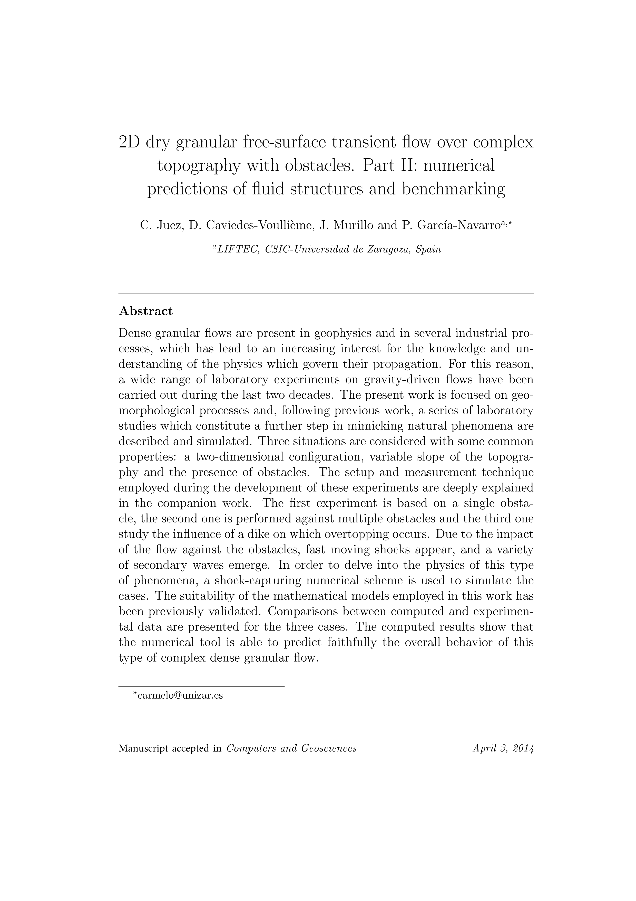 2D dry granular free-surface transient flow over complex topography with obstacles. Part II: Numerical predictions of fluid structures and benchmarking