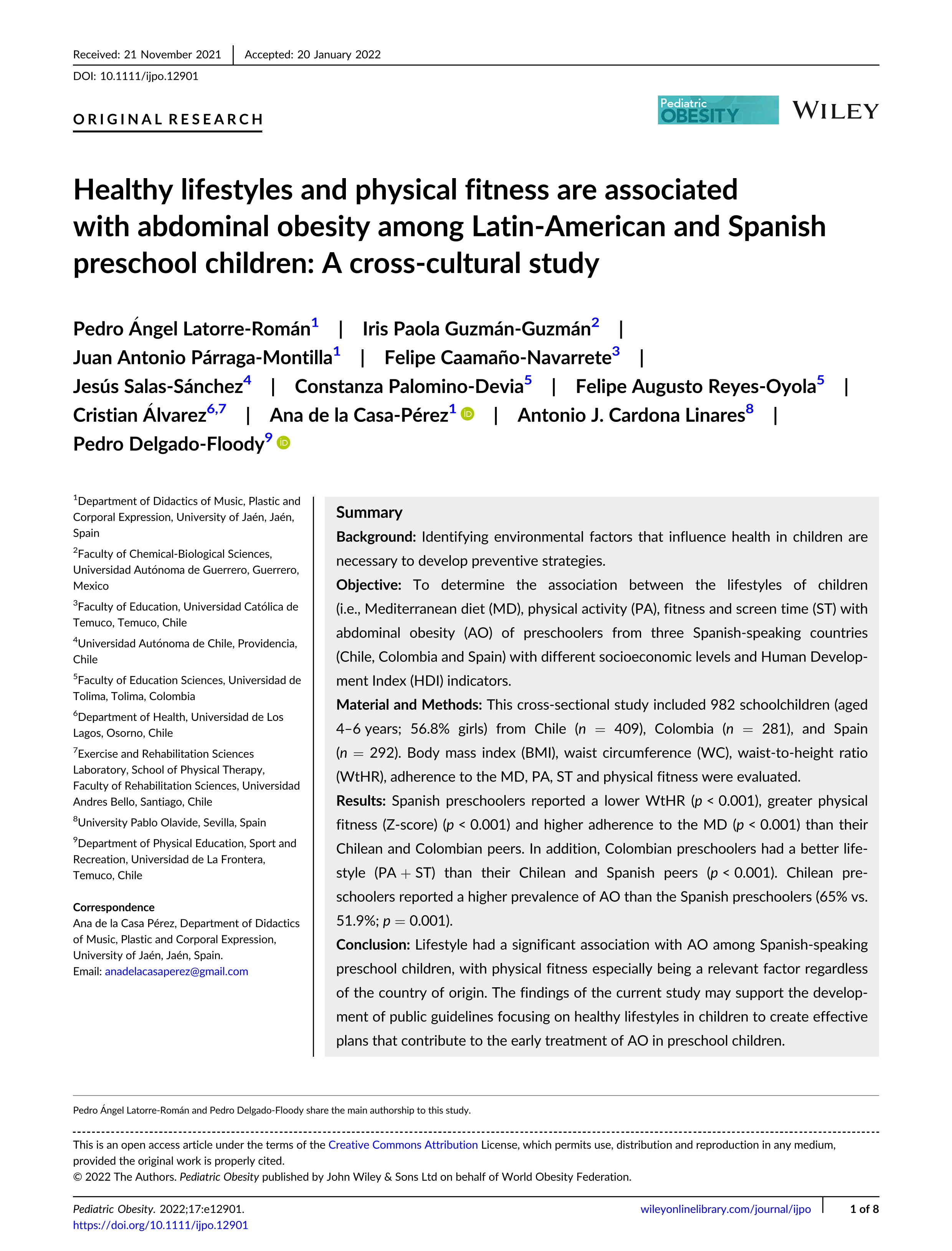 Healthy lifestyles and physical fitness are associated with abdominal obesity among Latin-American and Spanish preschool children: A cross-cultural study