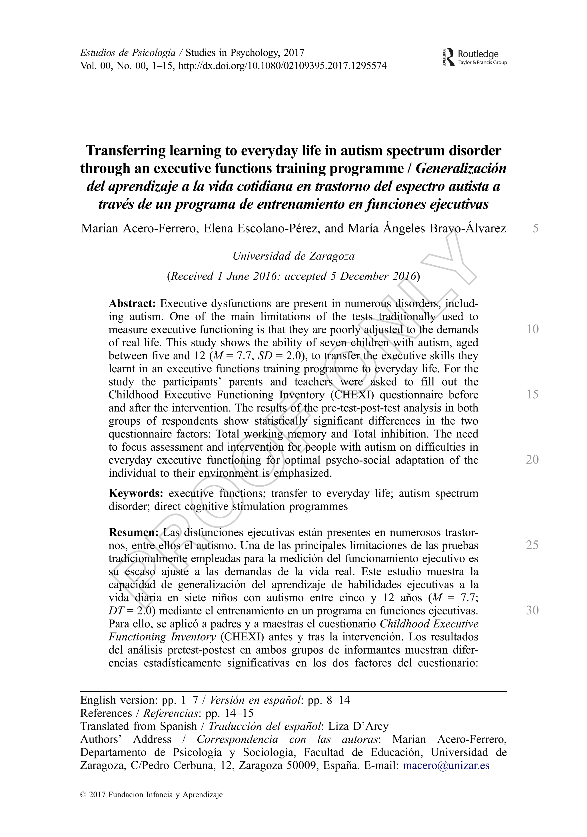 Transferring learning to everyday life in autism spectrum disorder through an Executive Functions training programme / Generalización del aprendizaje a la vida cotidiana en trastorno del espectro autista a través de un programa de entrenamiento en Funciones Ejecutivas