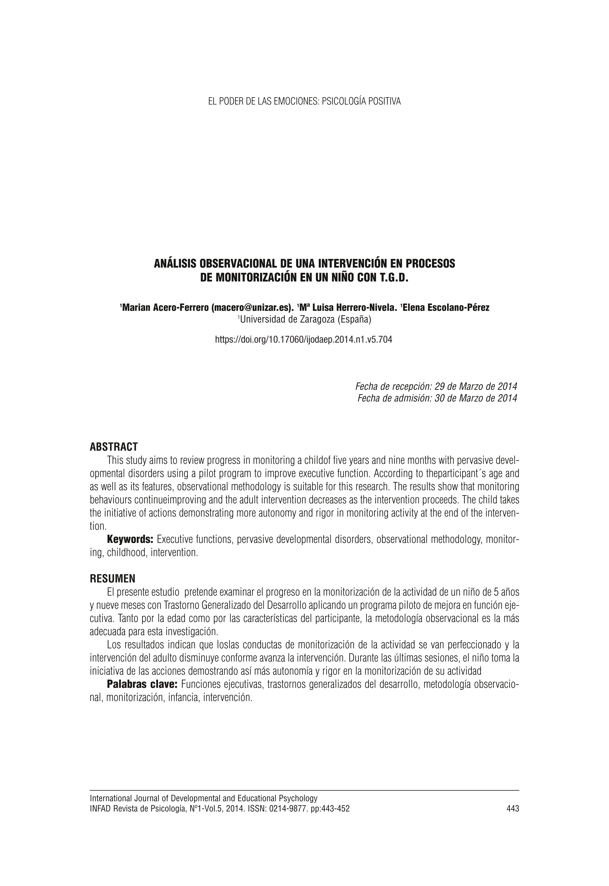 Análisis observacional de una intervención en procesos de Monitorización en un niño con TGD