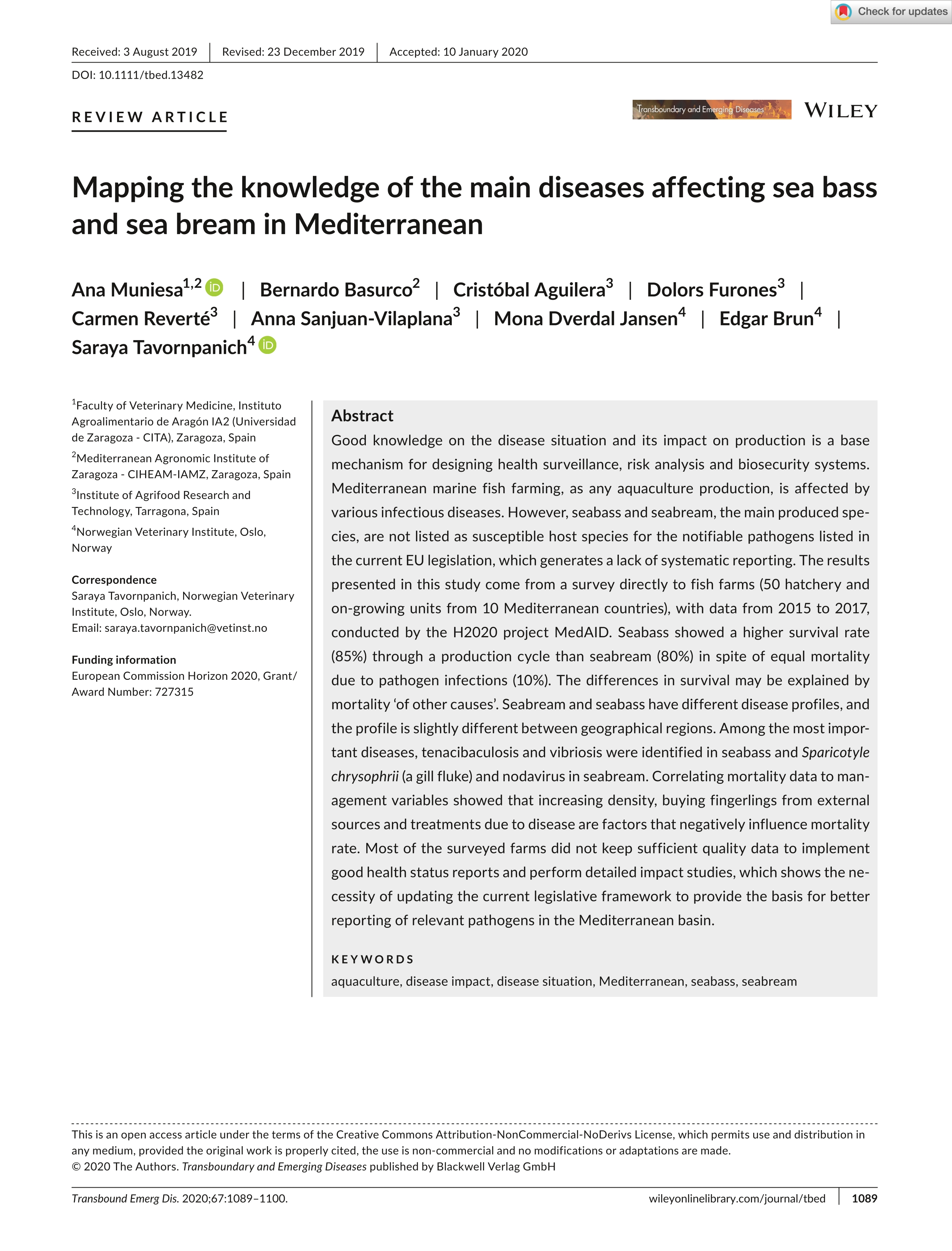 Mapping the knowledge of the main diseases affecting sea bass and sea bream in Mediterranean