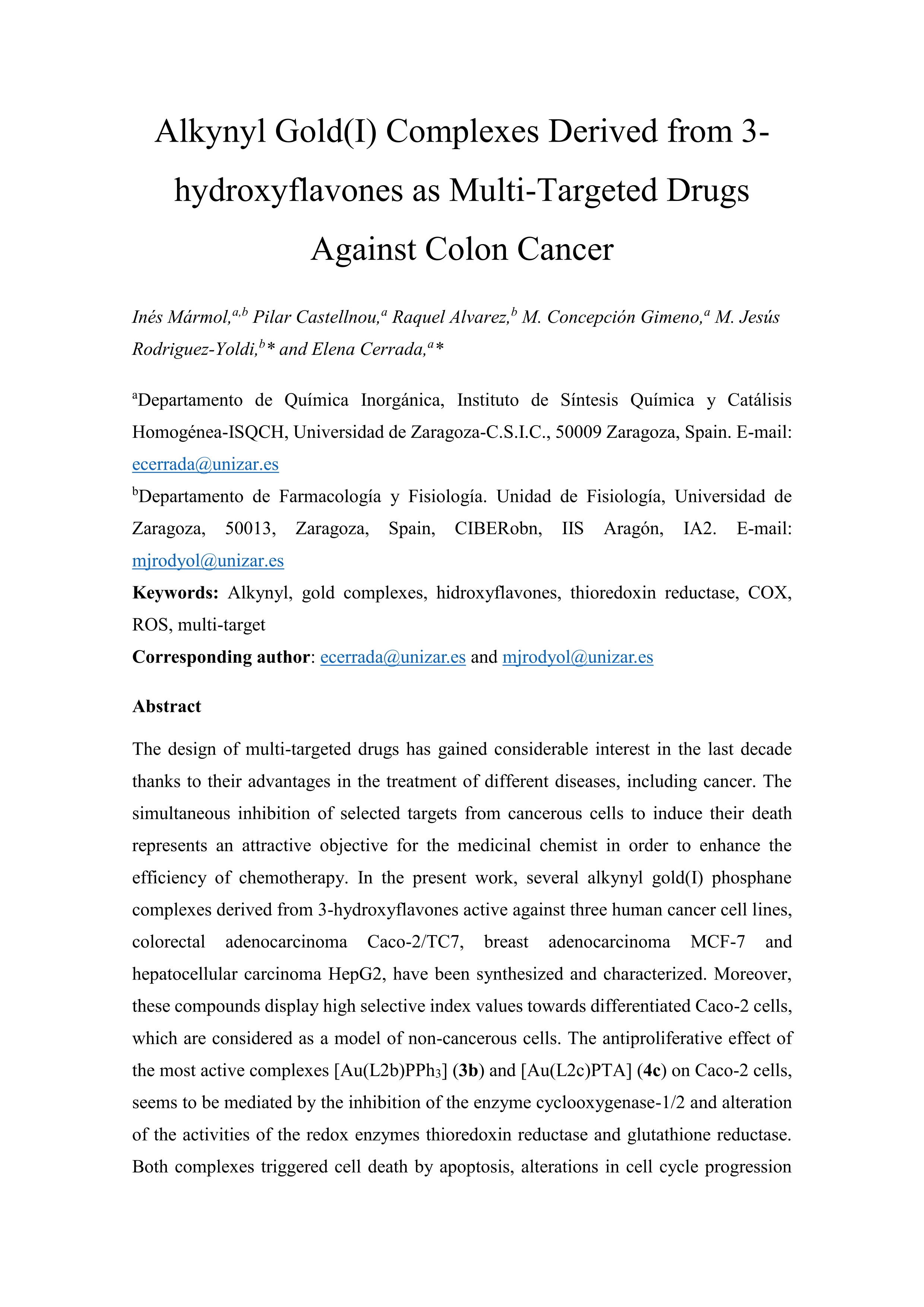 Alkynyl Gold(I) complexes derived from 3-hydroxyflavones as multi-targeted drugs against colon cancer