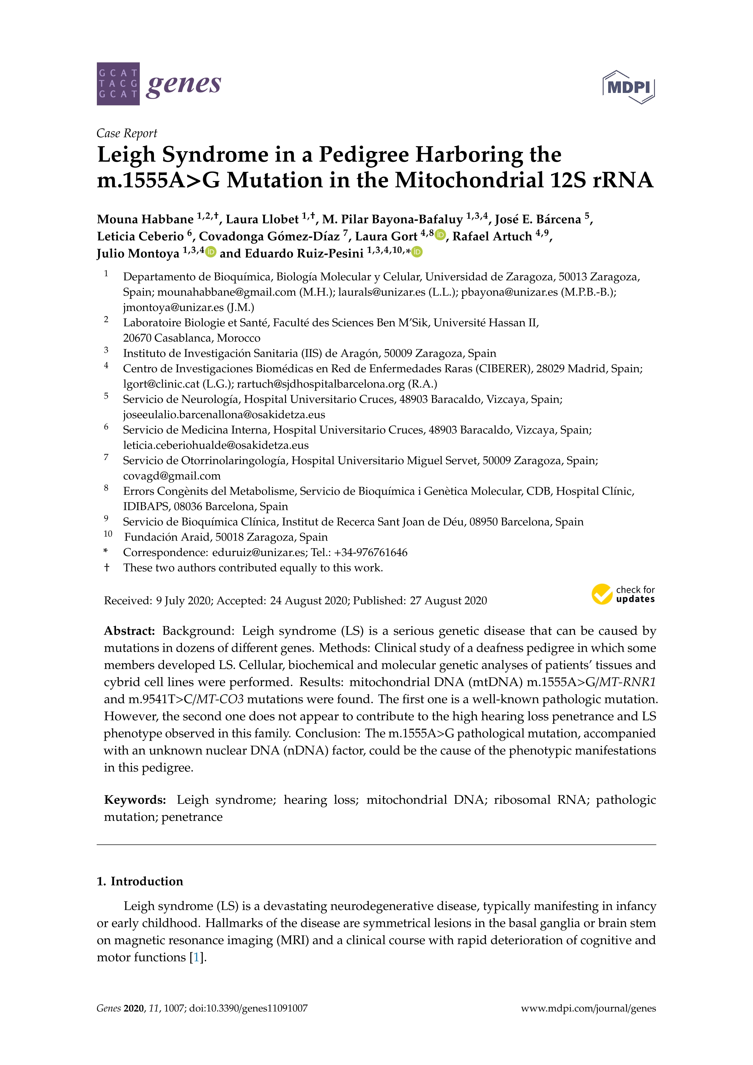 Leigh Syndrome in a Pedigree Harboring the m.1555A>G Mutation in the Mitochondrial 12S rRNA
