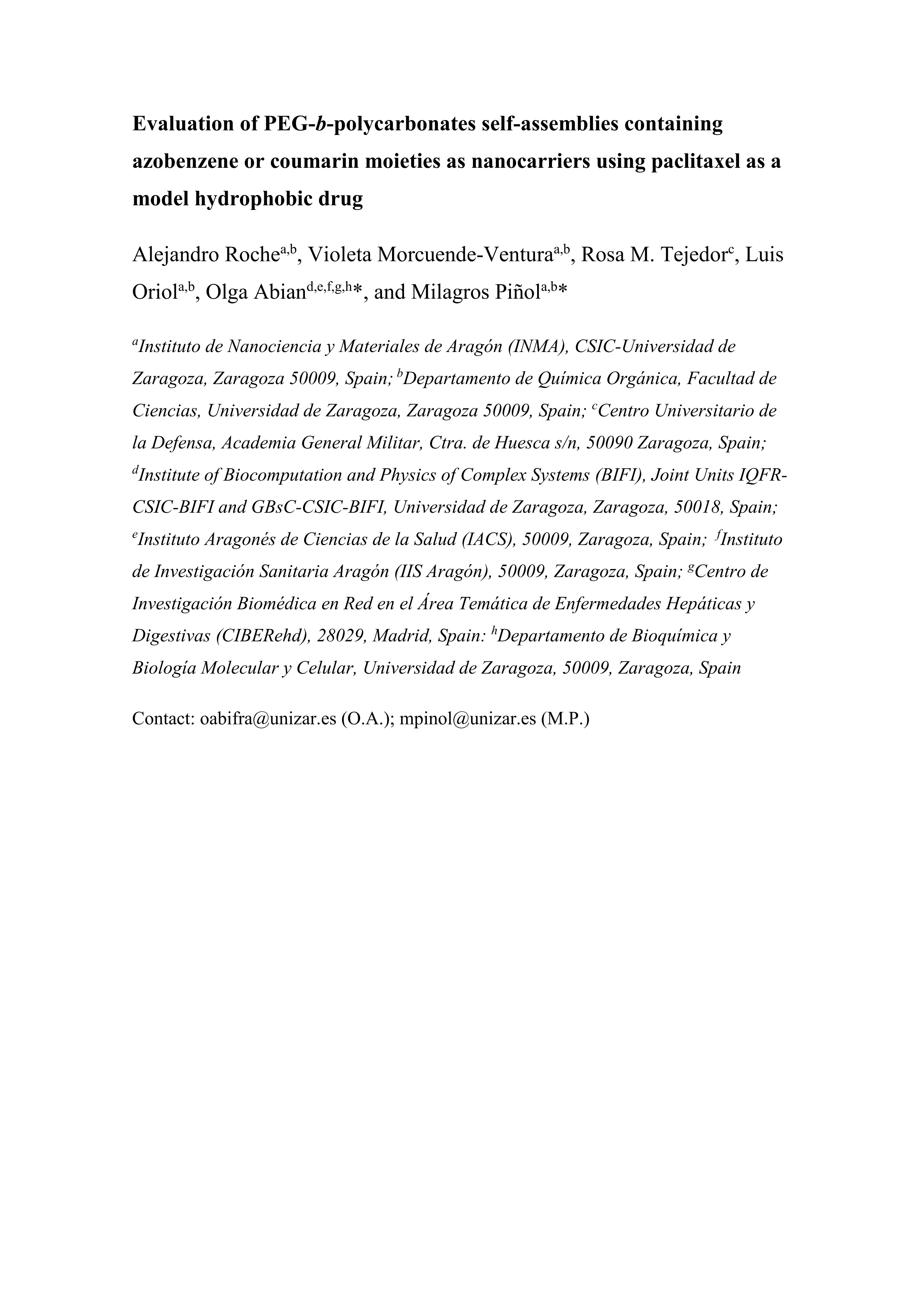 Evaluation of PEG-b-polycarbonates self-assemblies containing azobenzene or coumarin moieties as nanocarriers using paclitaxel as a model hydrophobic drug