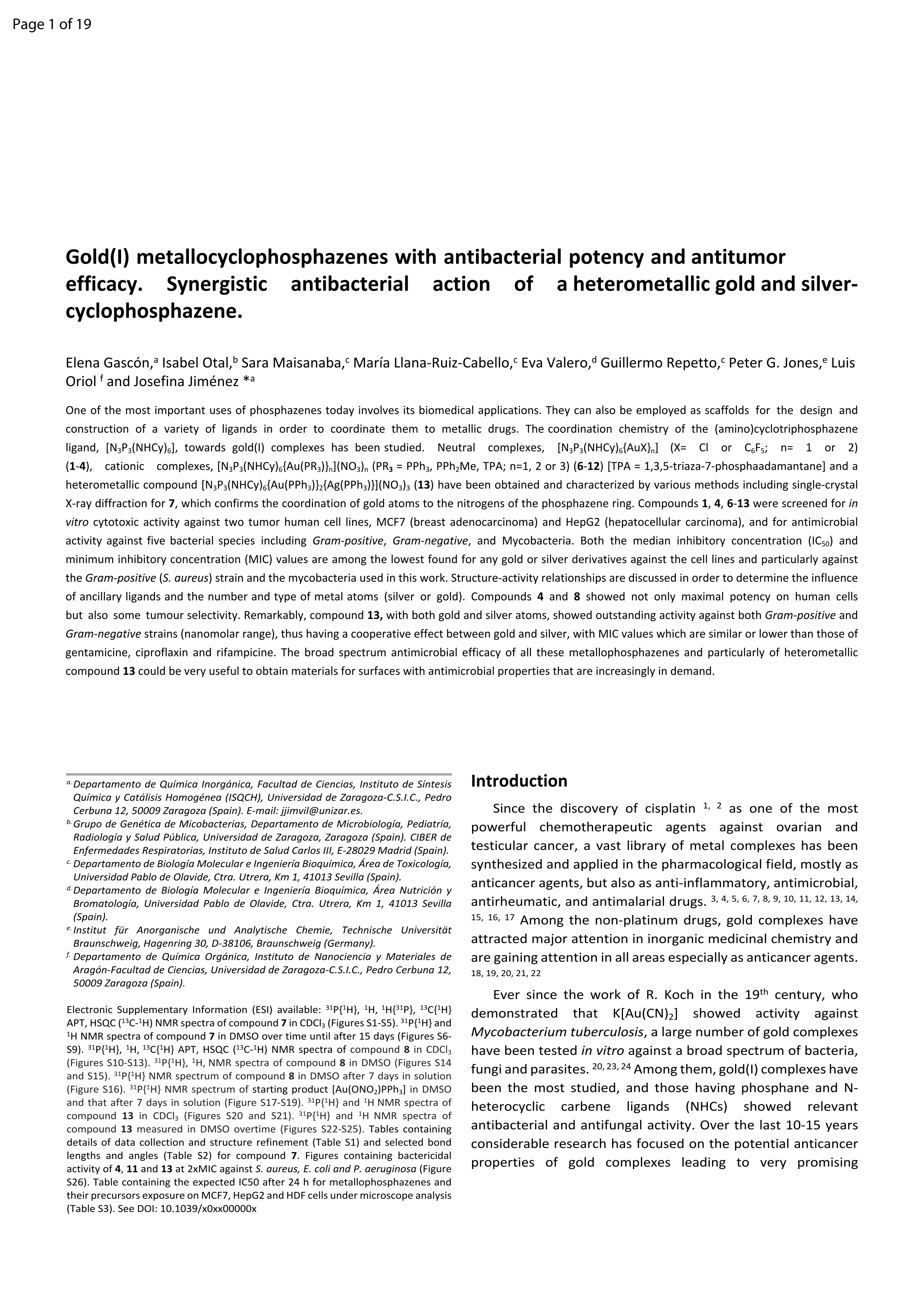 Gold(I) metallocyclophosphazenes with antibacterial potency and antitumor efficacy. Synergistic antibacterial action of a heterometallic gold and silver-cyclophosphazene