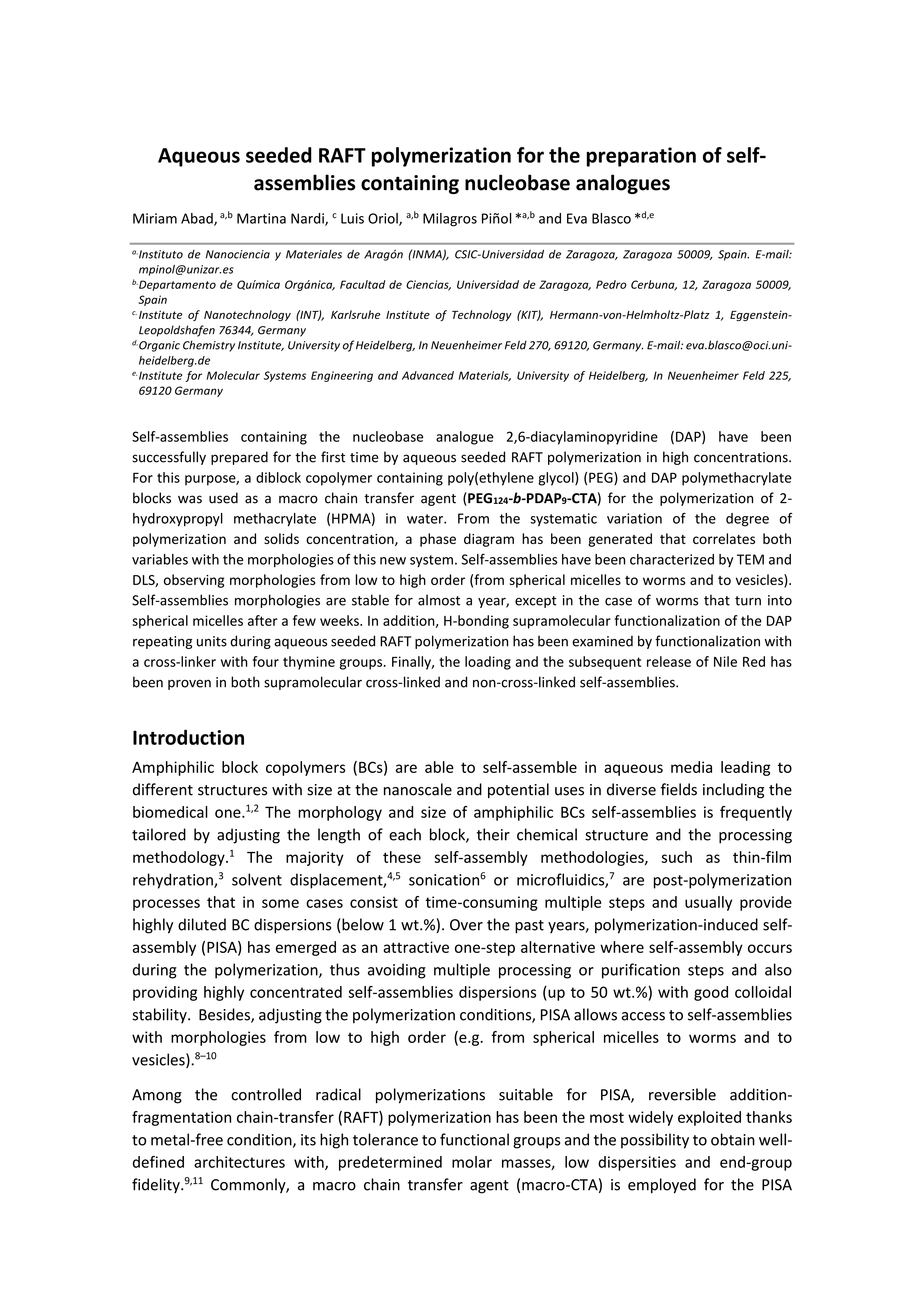 Aqueous seeded RAFT polymerization for the preparation of self-assemblies containing nucleobase analogues