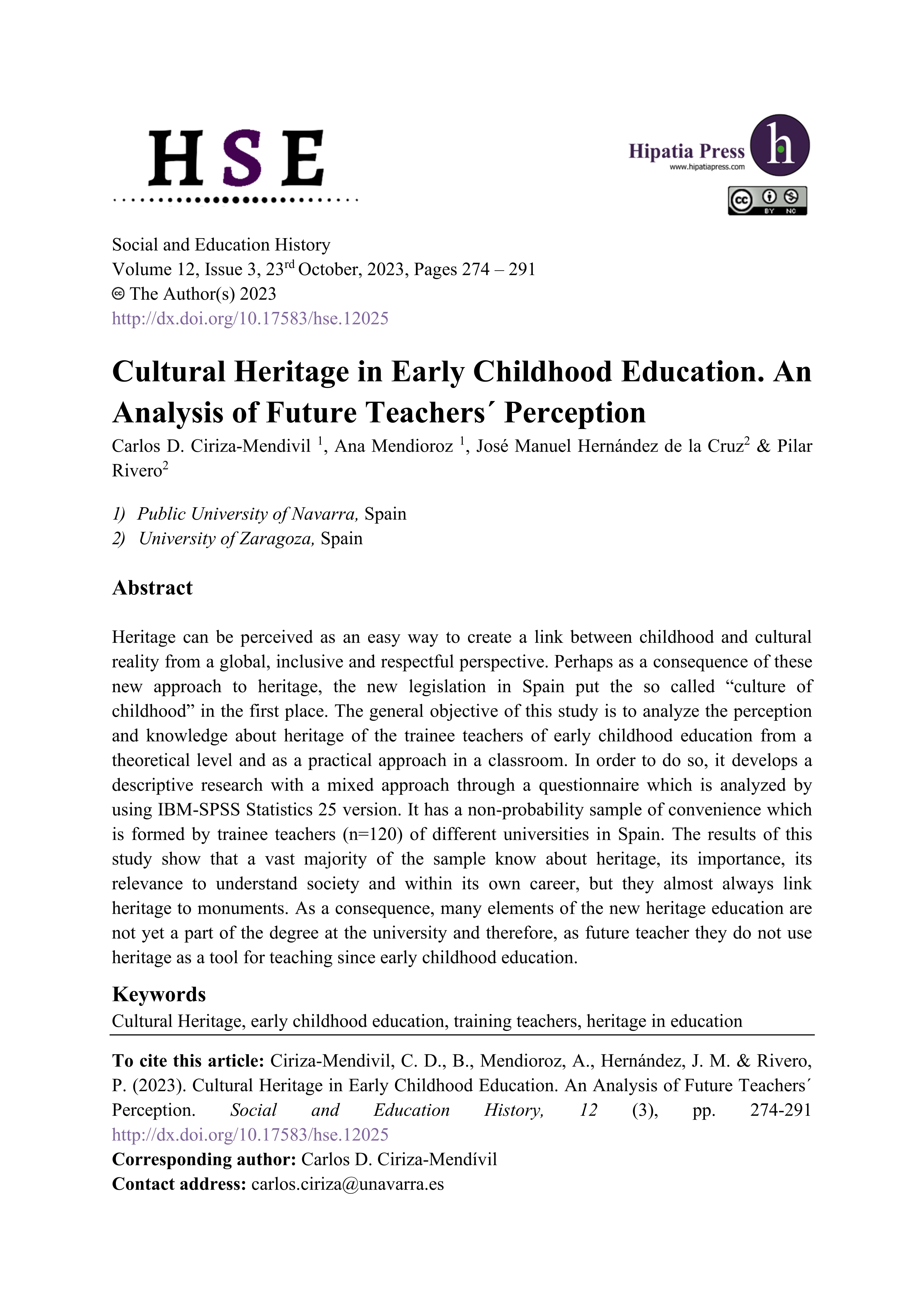 El Patrimonio Cultural en la Educación Infantil. Análisis de la percepción del profesorado en formación