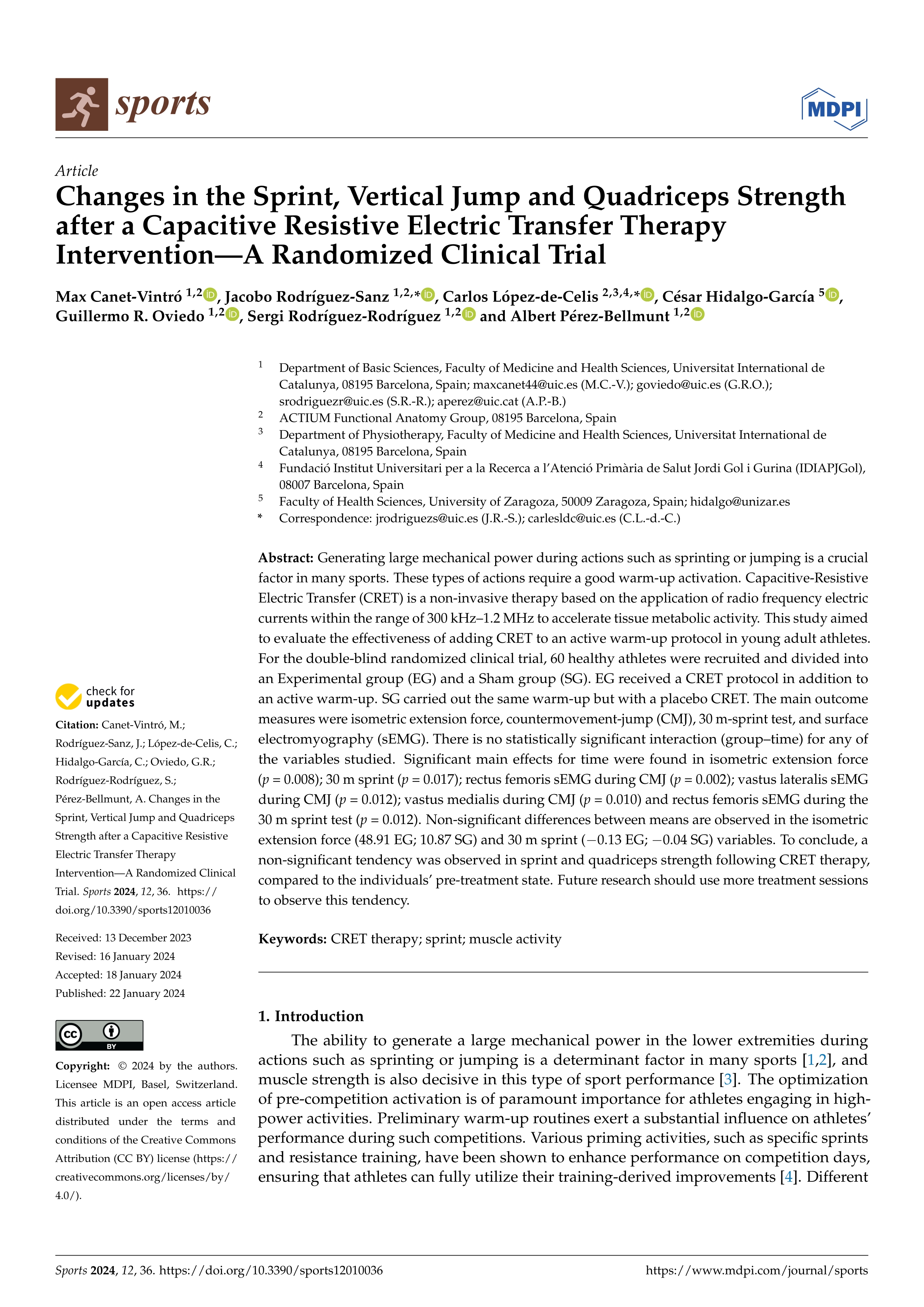 Changes in the sprint, vertical jump and quadriceps strength after a capacitive resistive electric transfer therapy intervention—a randomized clinical trial