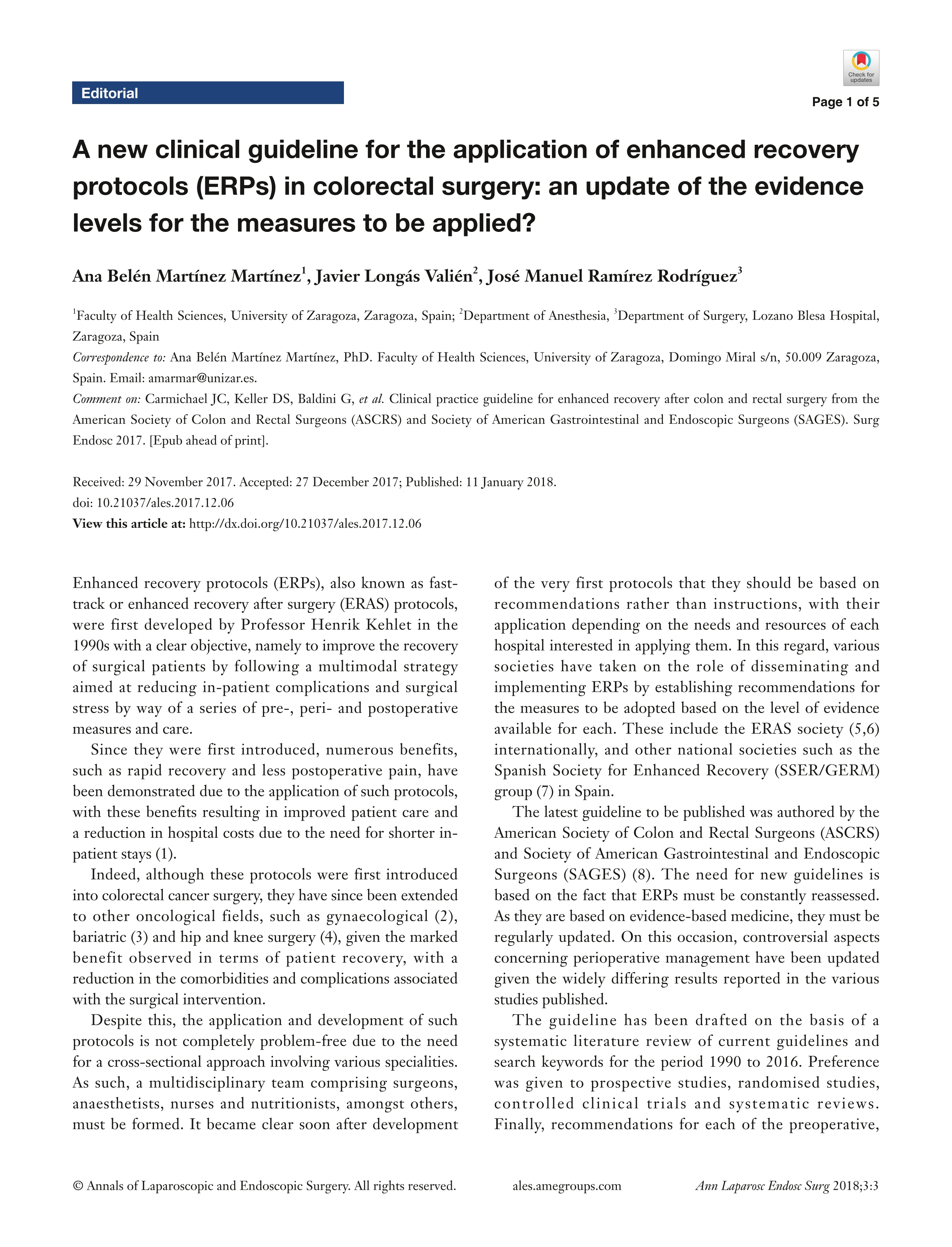 A new clinical guideline for the application of enhanced recovery protocols (ERPs) in colorectal surgery: an update of the evidence levels for the measures to be applied?