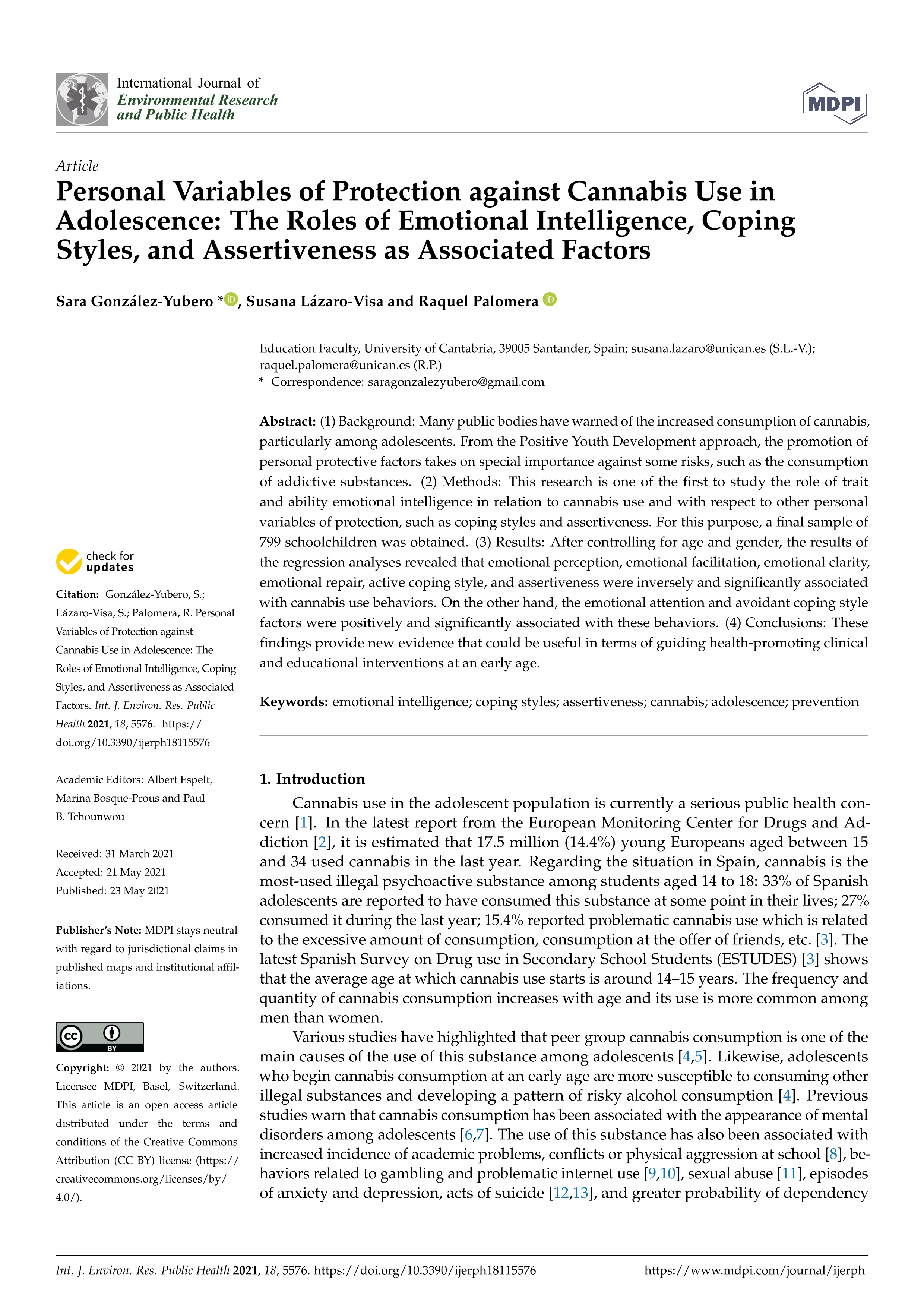 Personal variables of protection against cannabis use in adolescence: the roles of emotional intelligence, coping styles, and assertiveness as associated factors