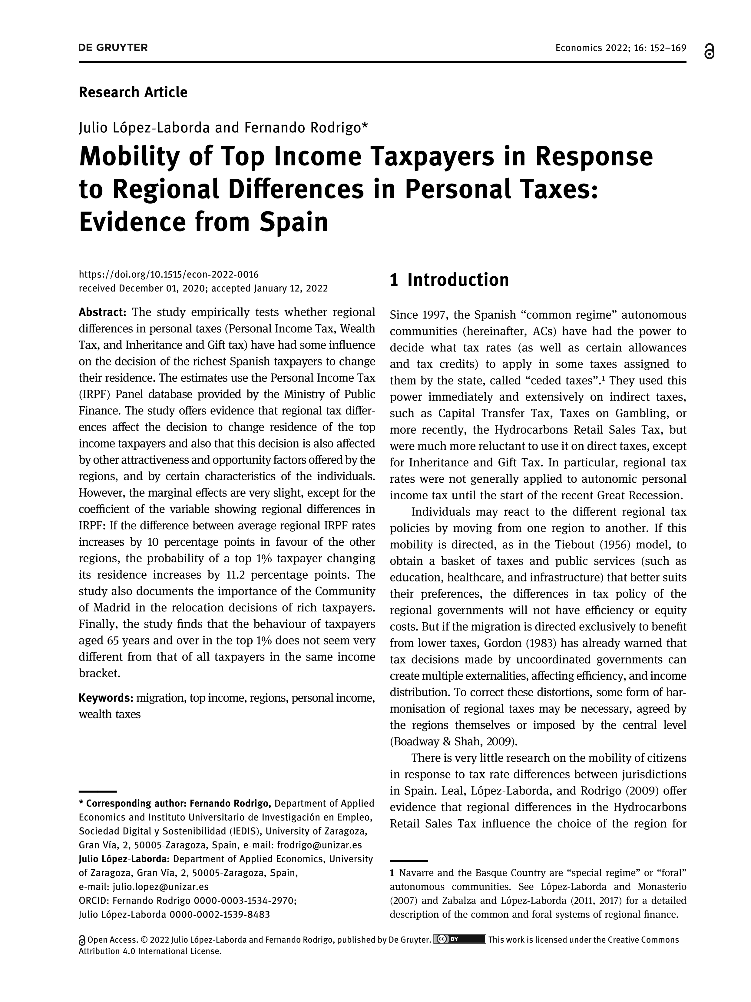 Mobility of Top Income Taxpayers in Response to Regional Differences in Personal Taxes: Evidence from Spain