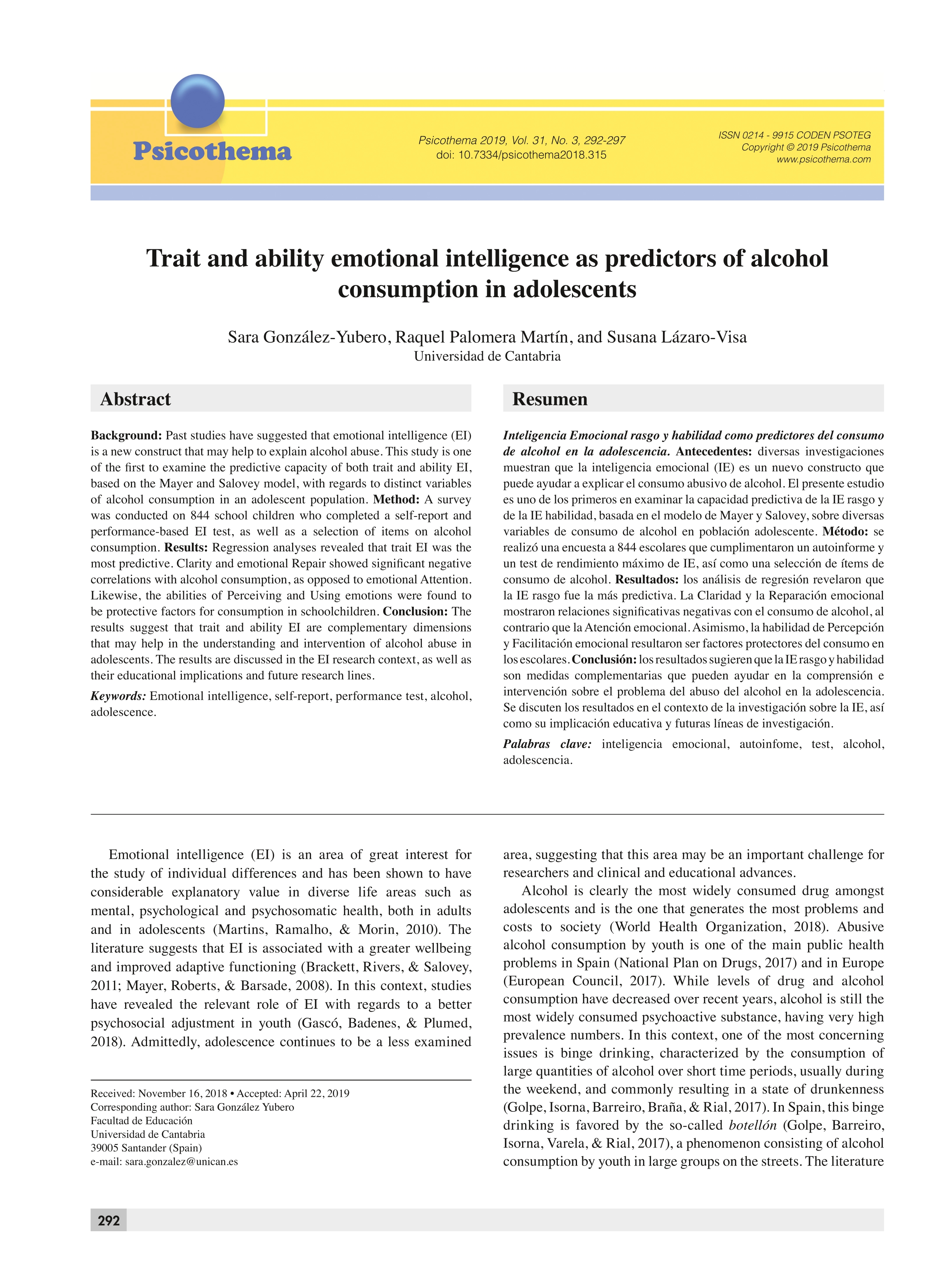 Trait and ability emotional intelligence as predictors of alcohol  consumption in adolescents