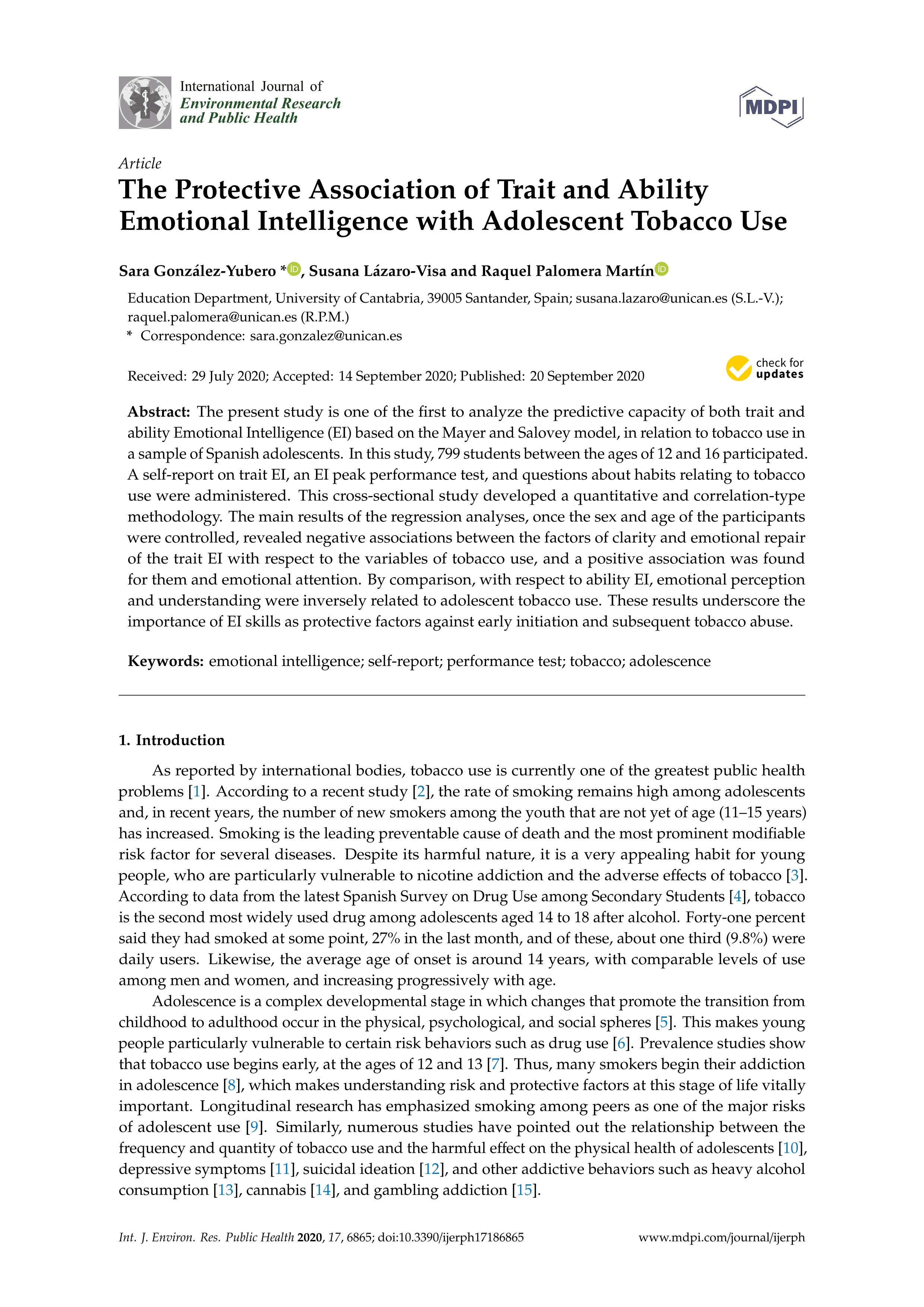 The Protective Association of Trait and Ability Emotional Intelligence with Adolescent Tobacco Use