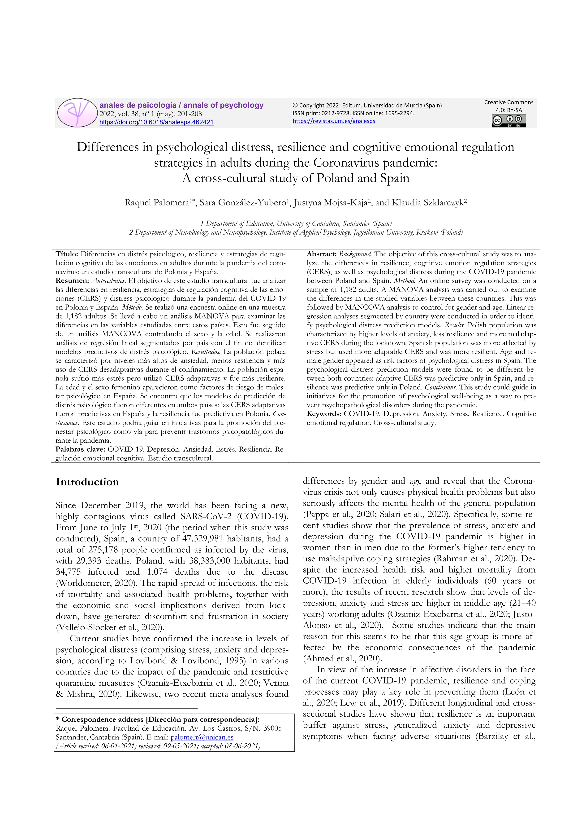 Differences in psychological distress, resilience and cognitive emotional regulation strategies in adults during the Coronavirus pandemic: A cross-cultural study of Poland and Spain.