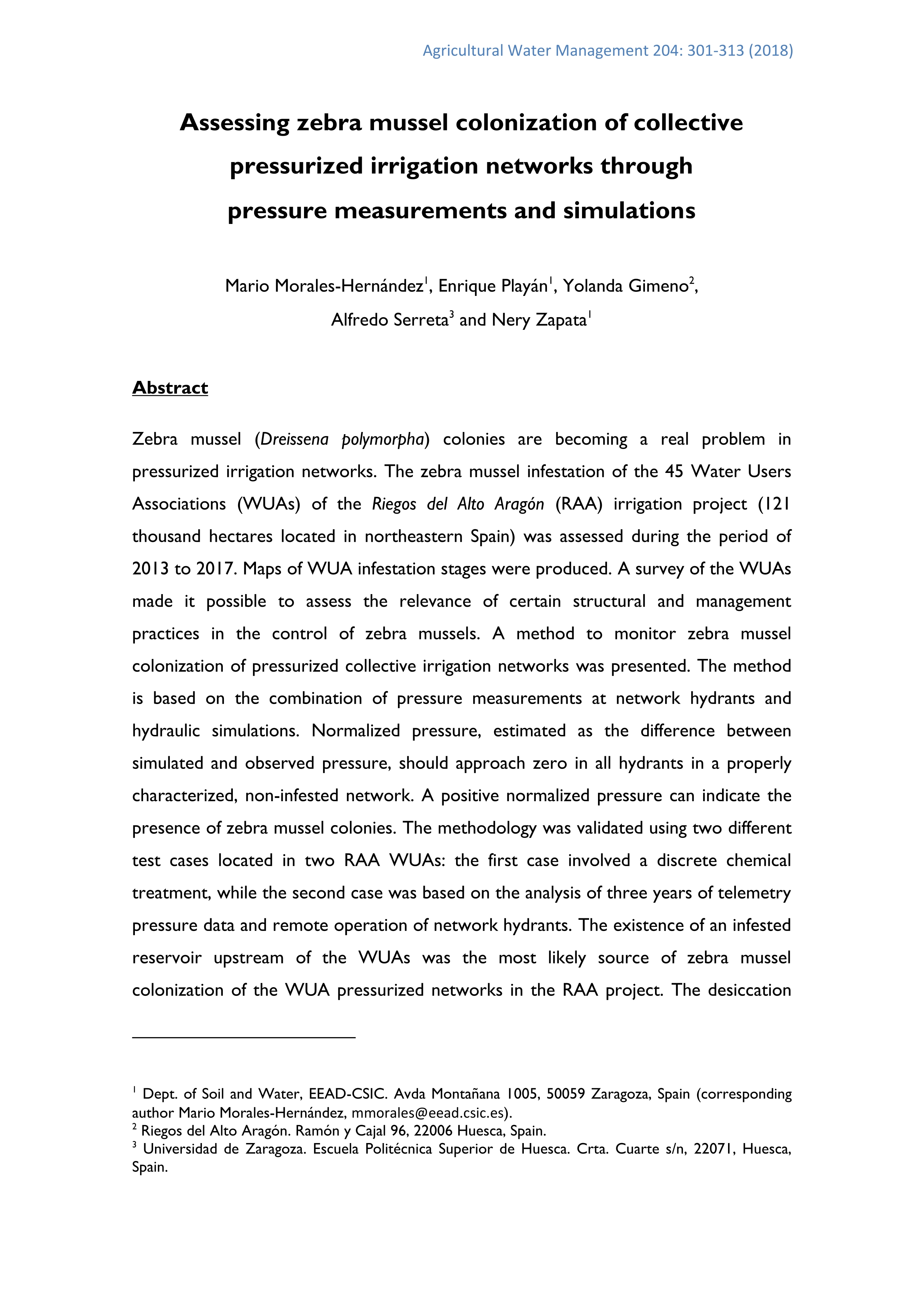 Assessing zebra mussel colonization of collective pressurized irrigation networks through pressure measurements and simulations