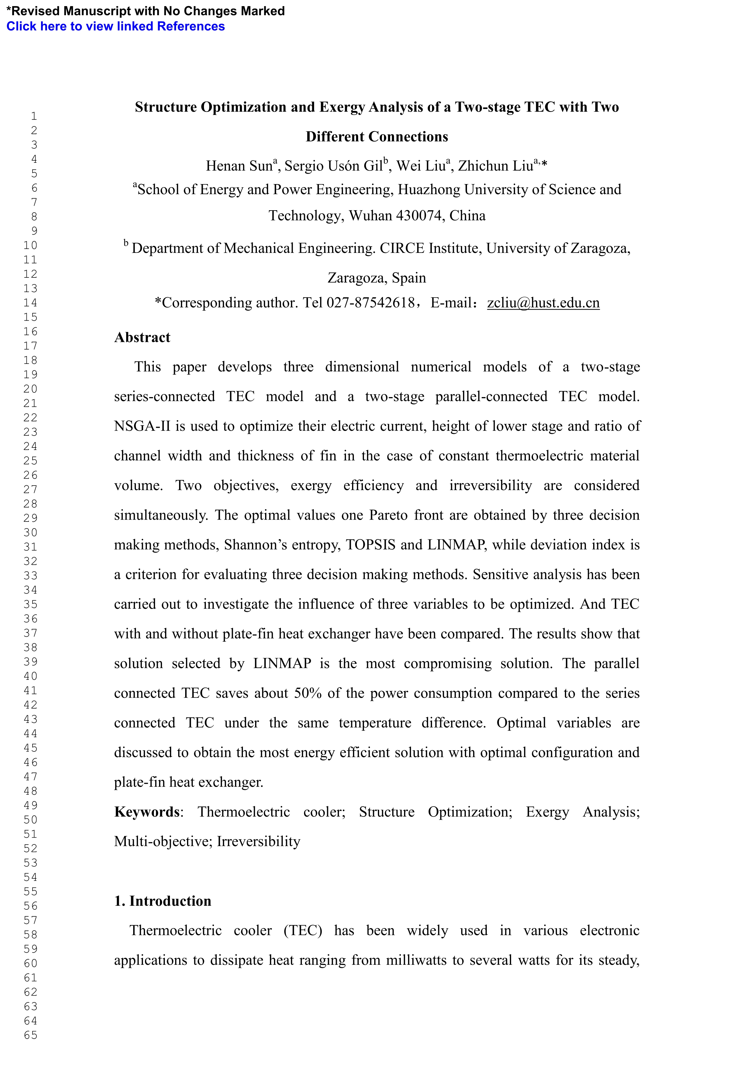 Structure optimization and exergy analysis of a two-stage TEC with two different connections