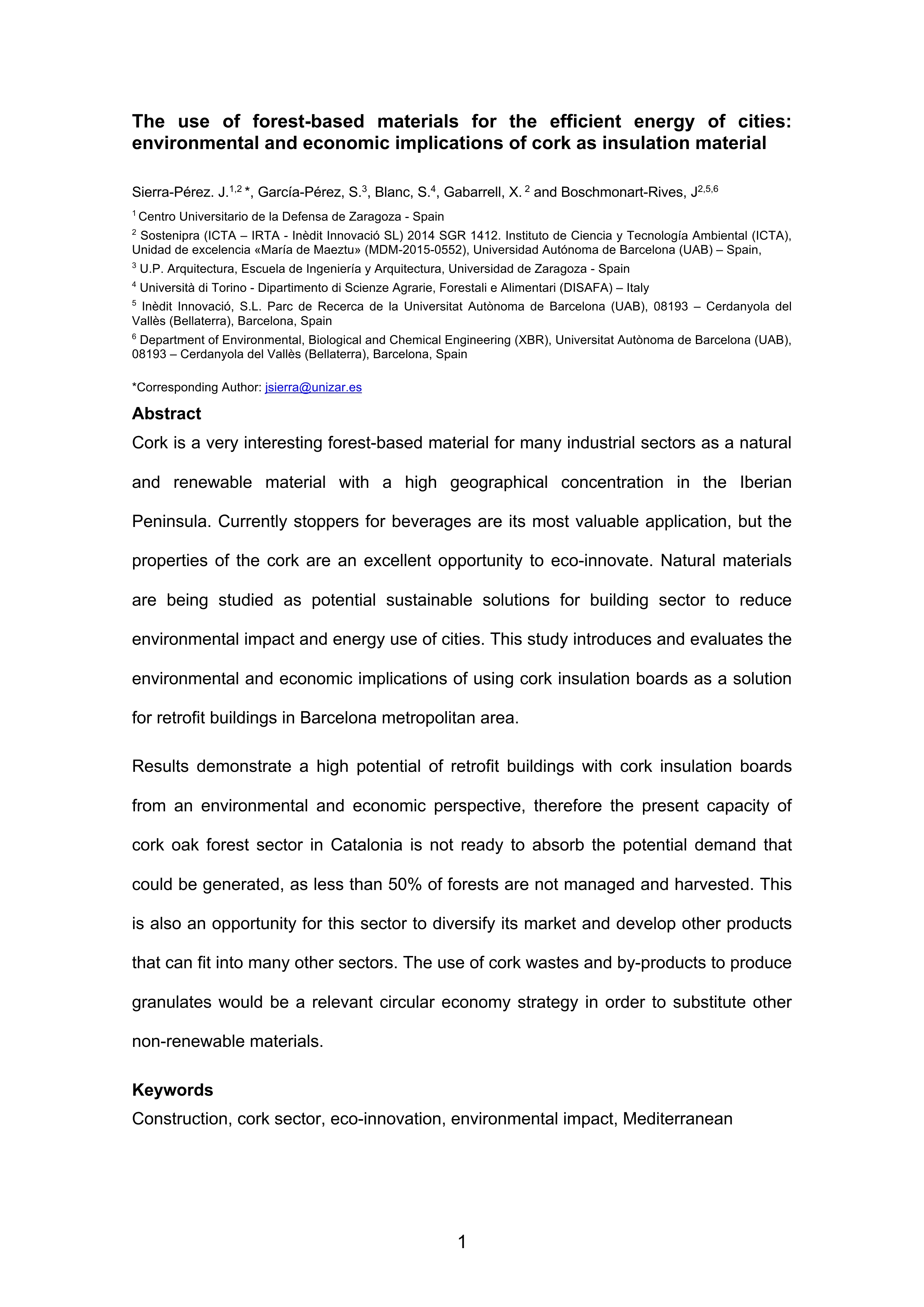 The use of forest-based materials for the efficient energy of cities: Environmental and economic implications of cork as insulation material