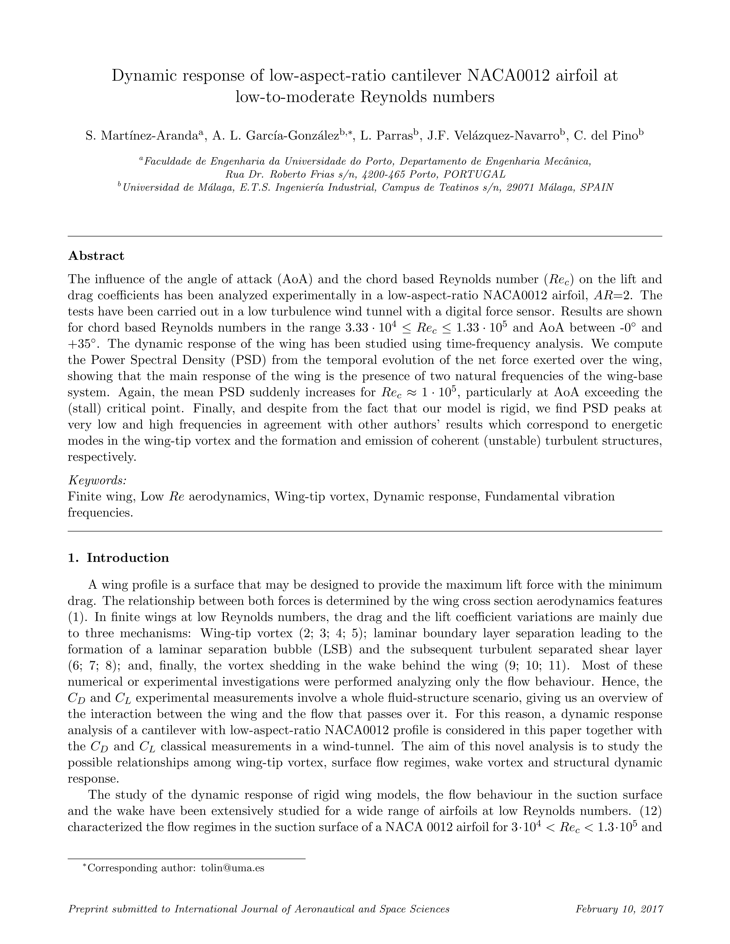 Dynamic response of low-aspect-ratio cantilever NACA0012 airfoil at low-to-moderate reynolds numbers