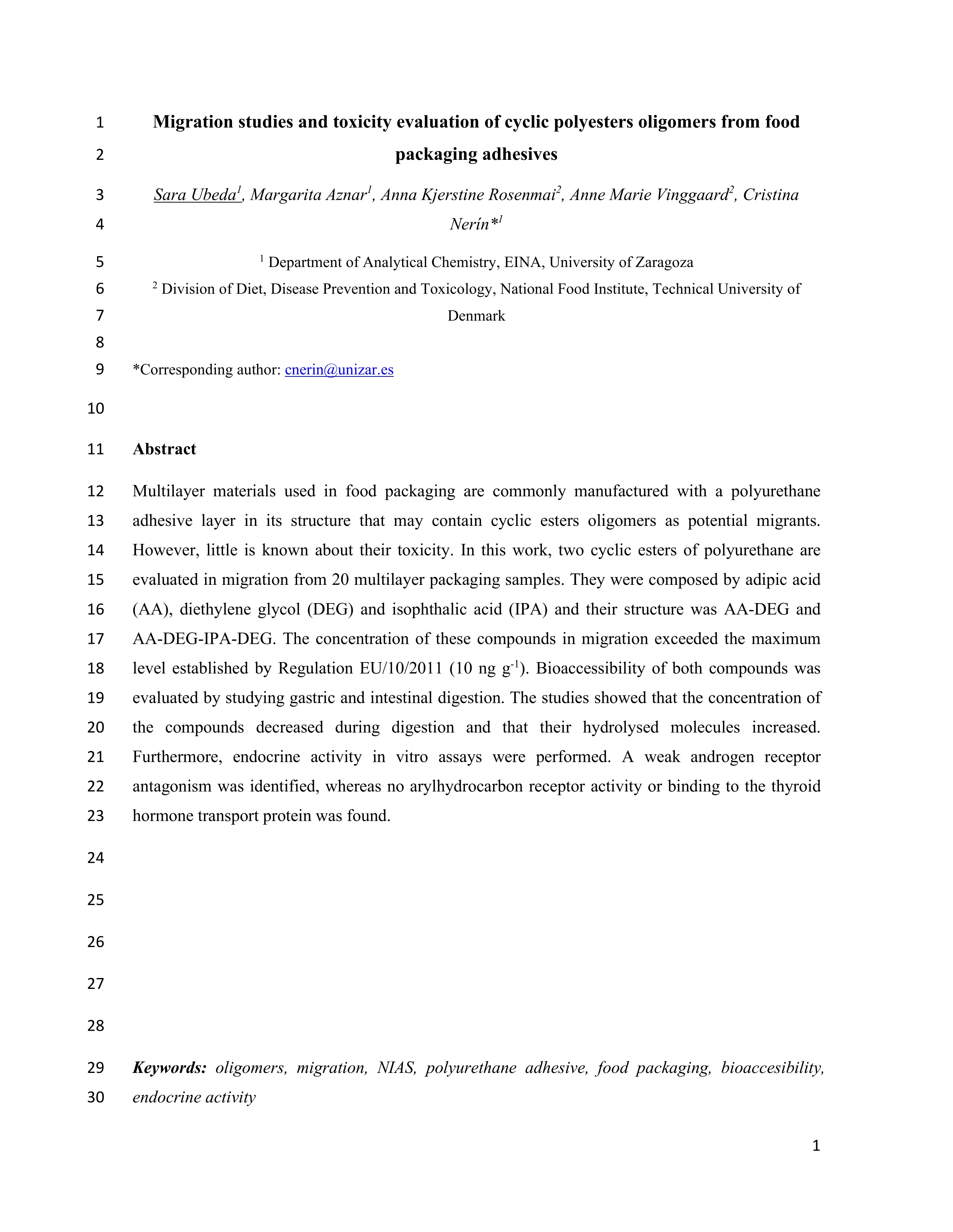 Migration studies and toxicity evaluation of cyclic polyesters oligomers from food packaging adhesives